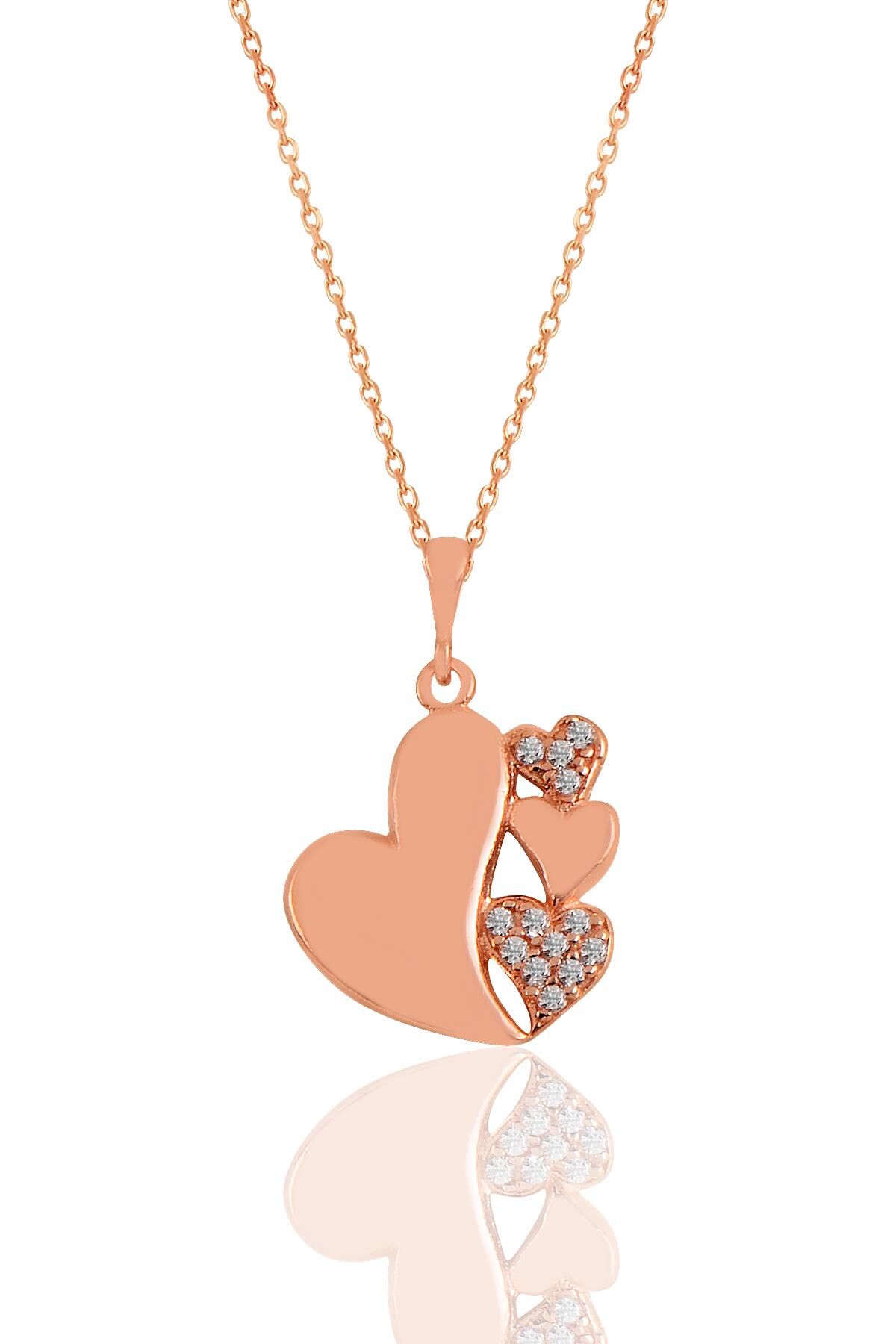 Gümüş rose zirkon taşlı birleşen kalpler kolye SGTL11048ROSE
