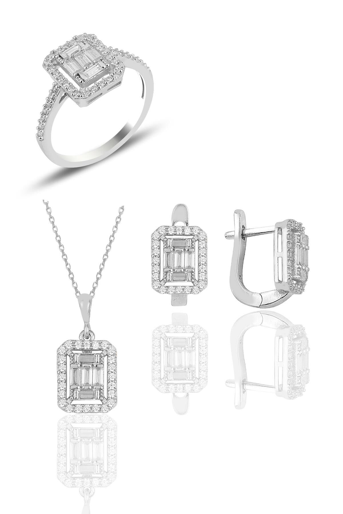 Gümüş rodyumlu gümüş baget taşlı üçlü set SGTL10736RODAJ