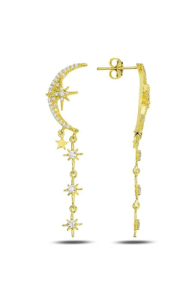 Gümüş altın yaldızlı zirkon taşlı tasarım ay , kutup yıldızı sallantılı küpe SGTL11915GOLD