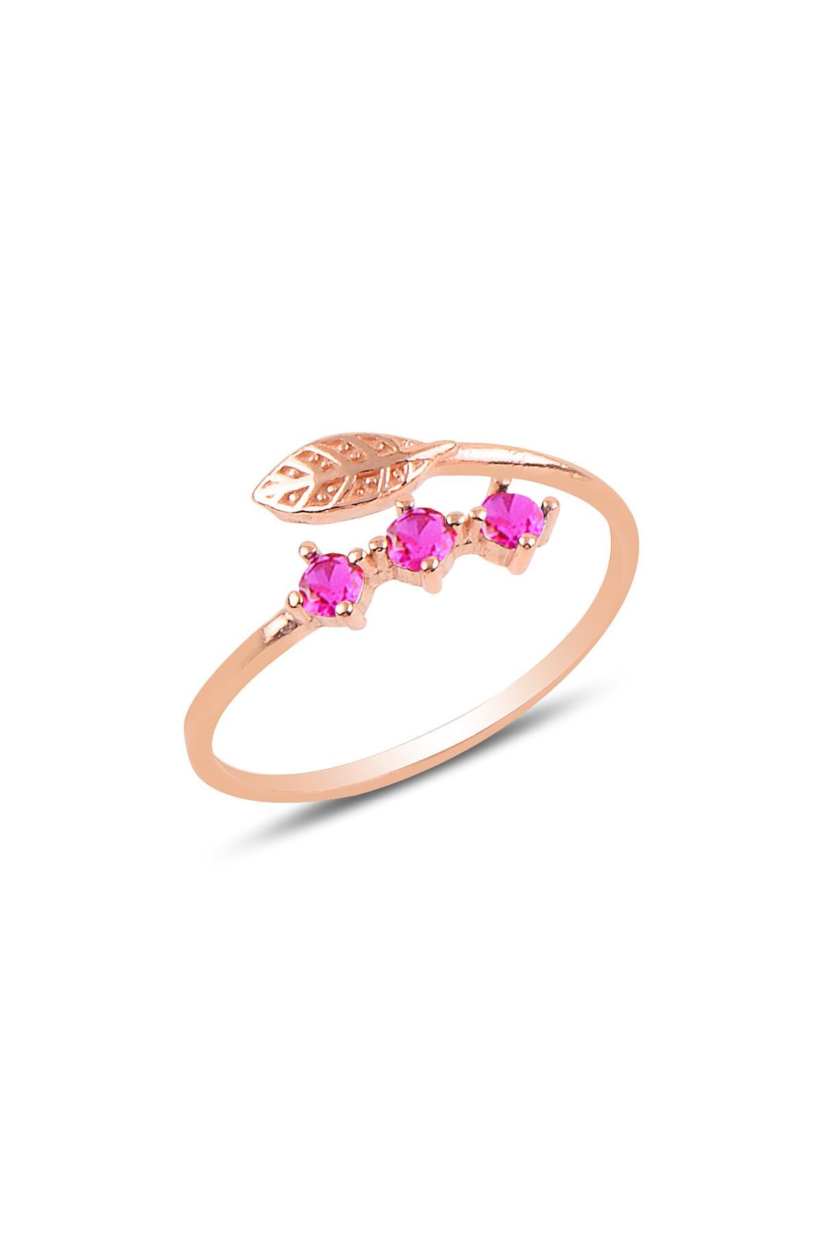 Gümüş rose kök yakut taşlı ayarlamalı yaprak modeli yüzük SGTL11582KIRMIZI