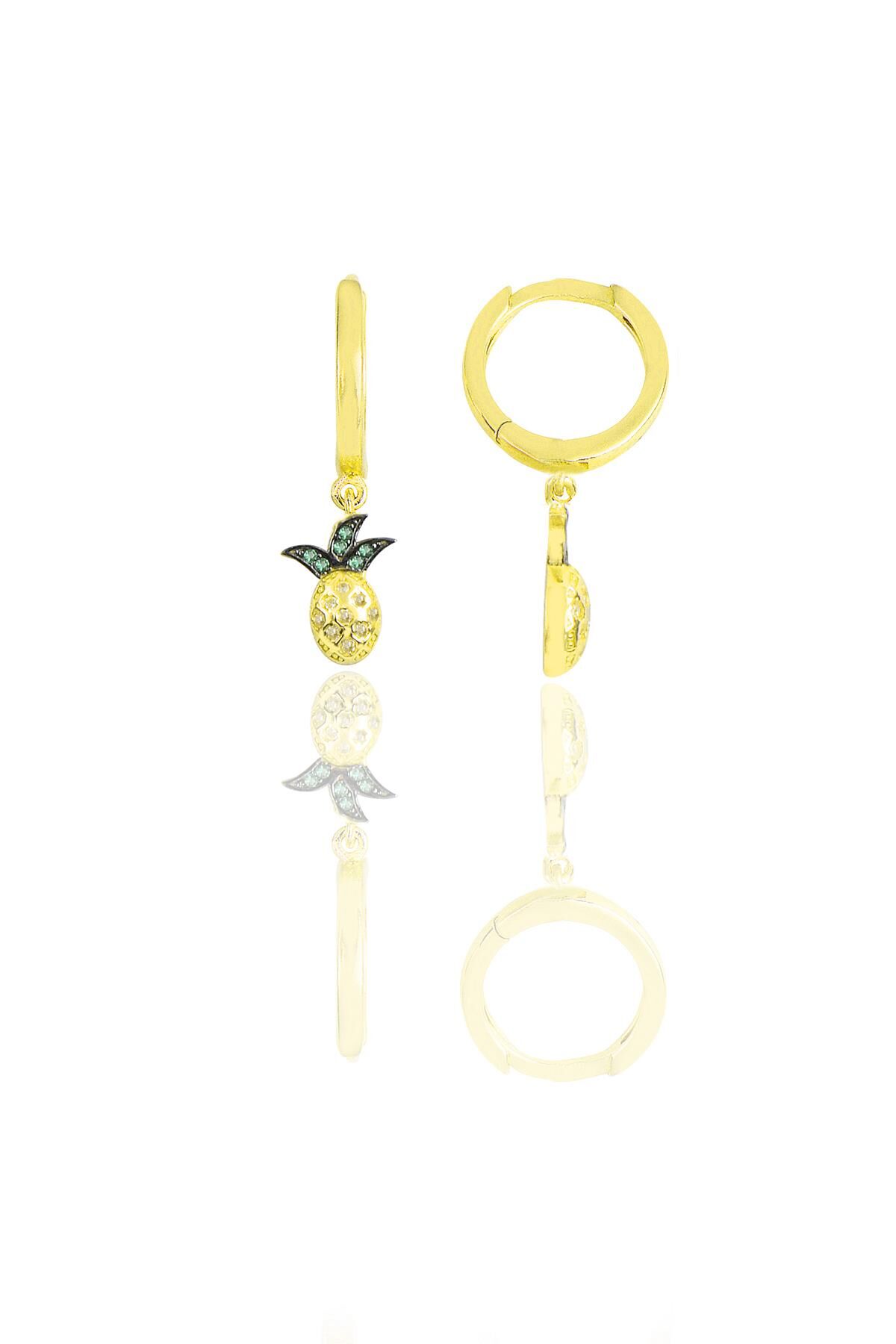 Gümüş altın yaldızlı zirkon taşlı ananas küpe SGTL11545GOLD