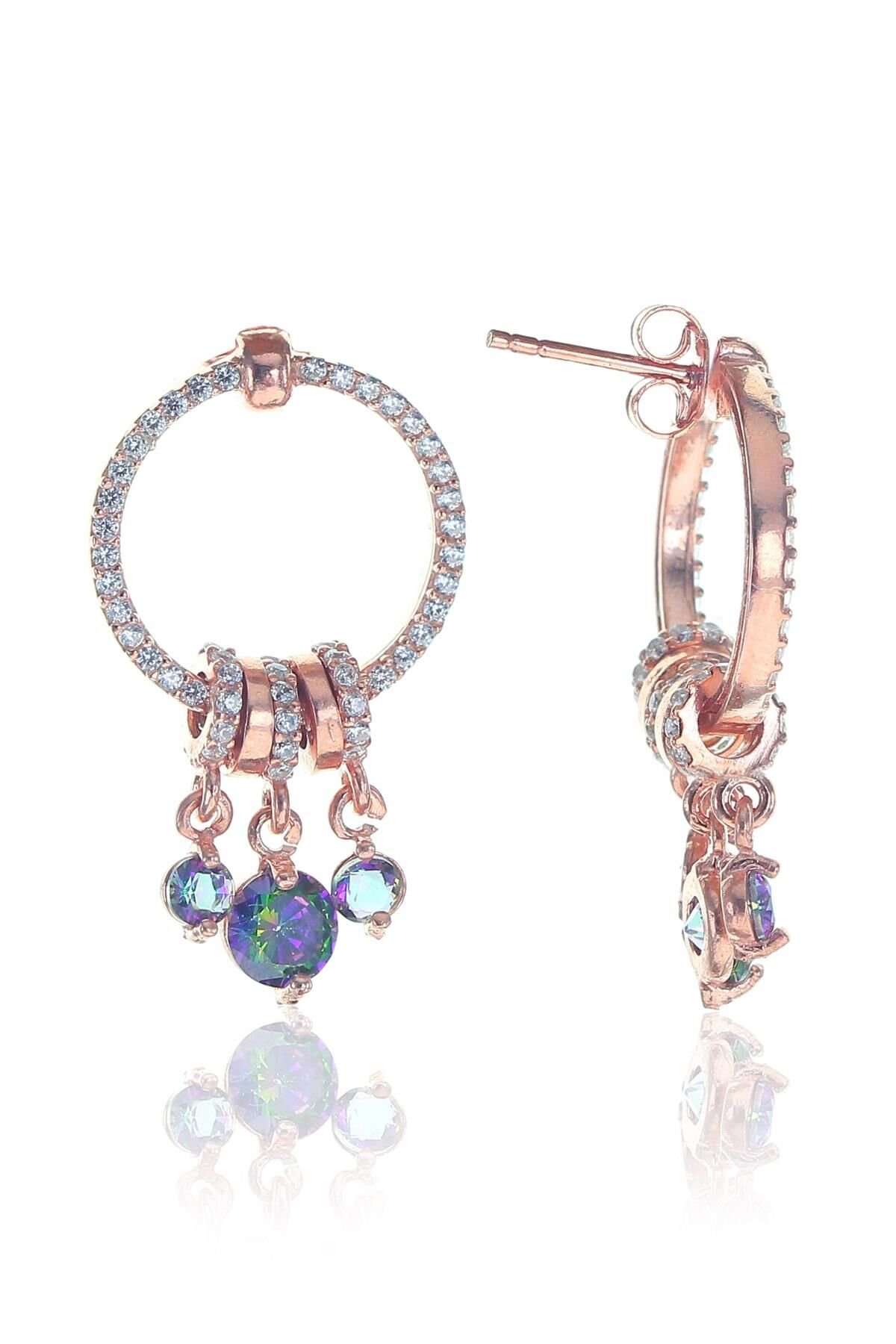 Gümüş rose ametis taşlı sallantılı ring küpe SGTL11500MOR