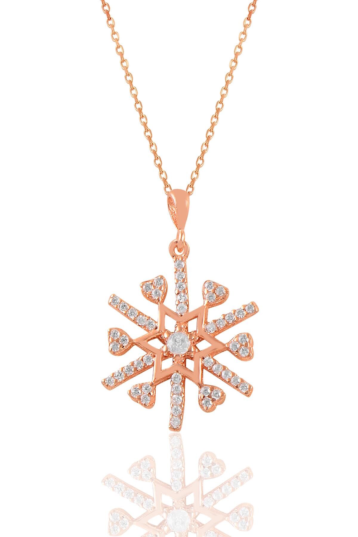 Gümüş rose zirkon taşlı kalpli kar tanesi kolye SGTL11023ROSE