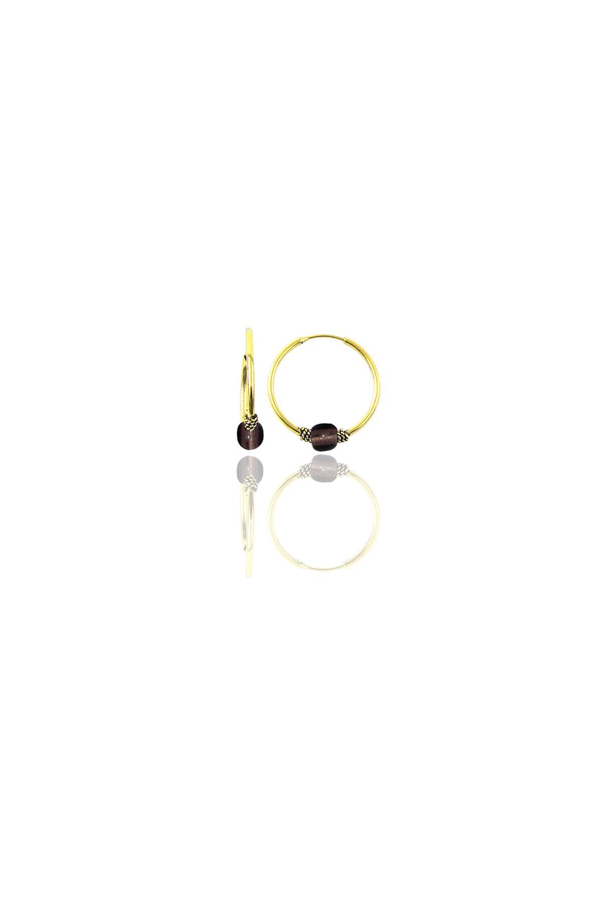 Gümüş altın yaldızlı 12 mm mini açık kahverengi taşlı halka küpe SGTL11282GOLD