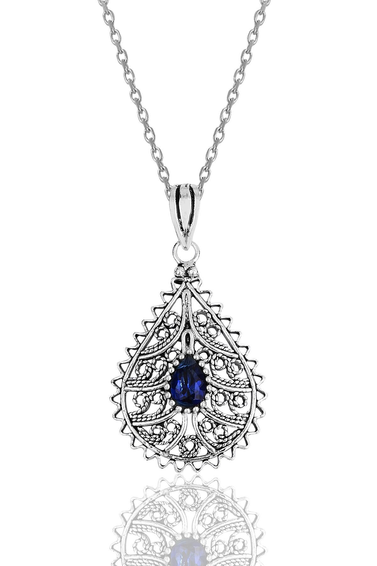 Gümüş safir taşlı oksitli telkari işlemeli kolye SGTL11897LACIVERT
