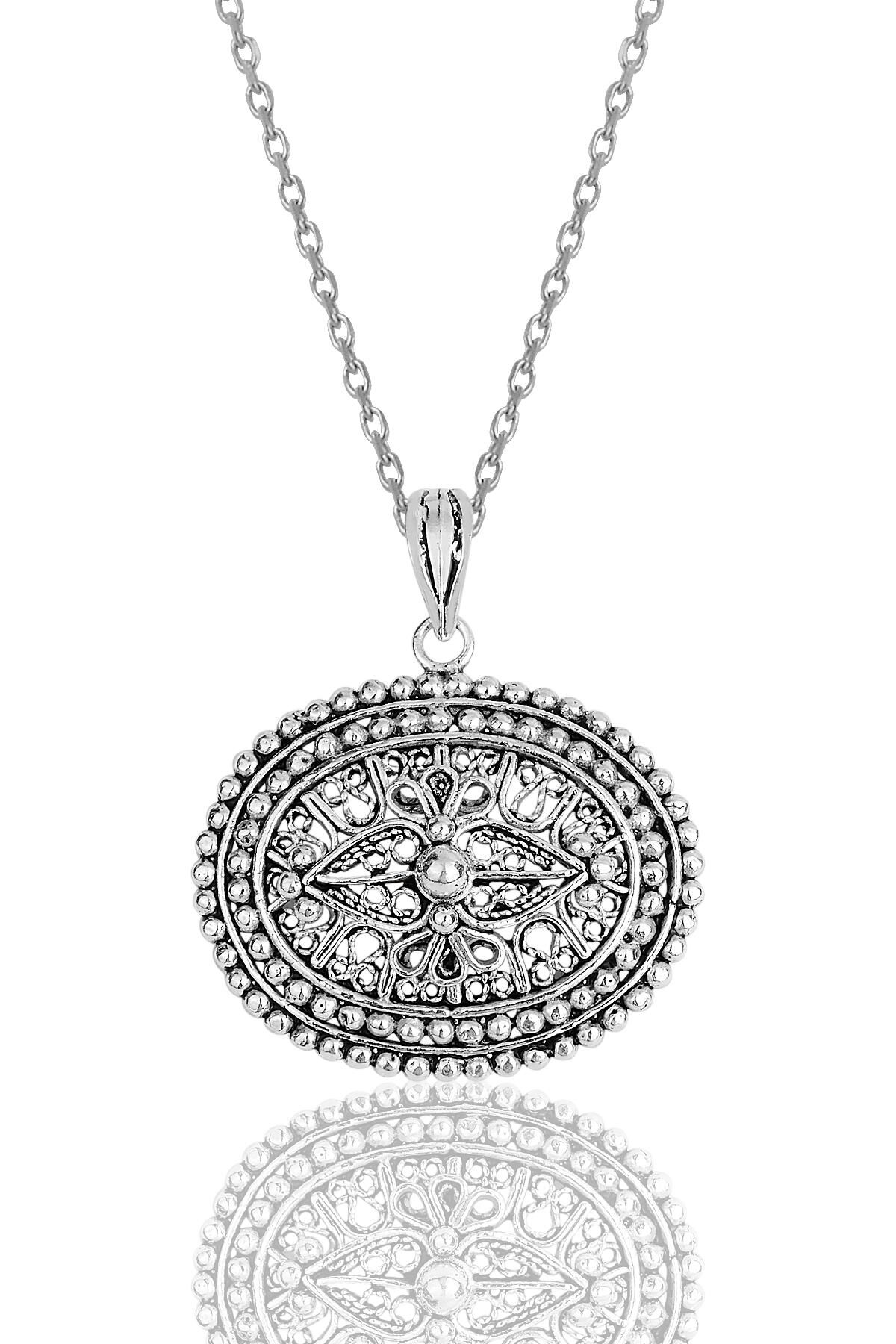 Gümüş oksitli telkari işlemeli oval kolye SGTL11895