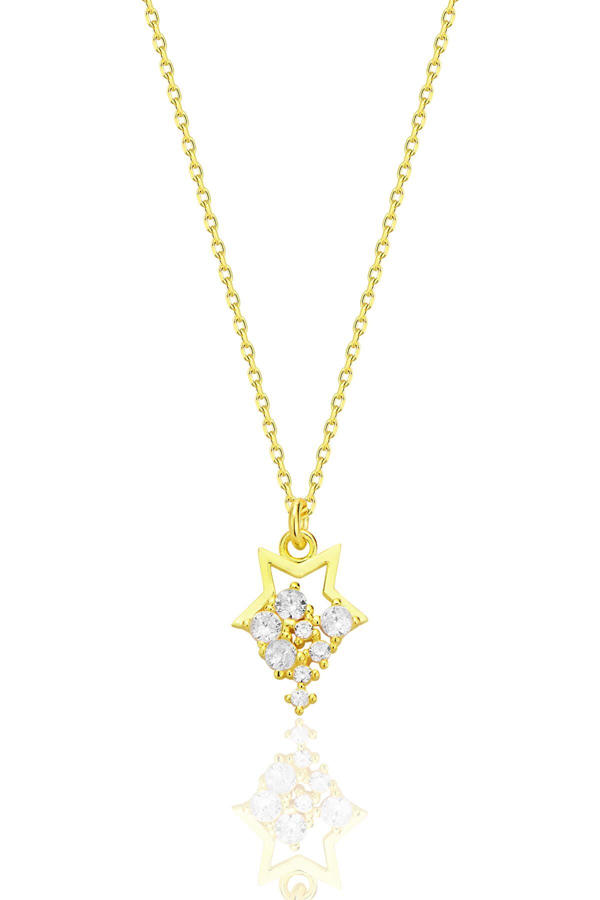 Gümüş altın yaldızlı zirkon taşlı yıldız yağmuru kolye SGTL12684GOLD