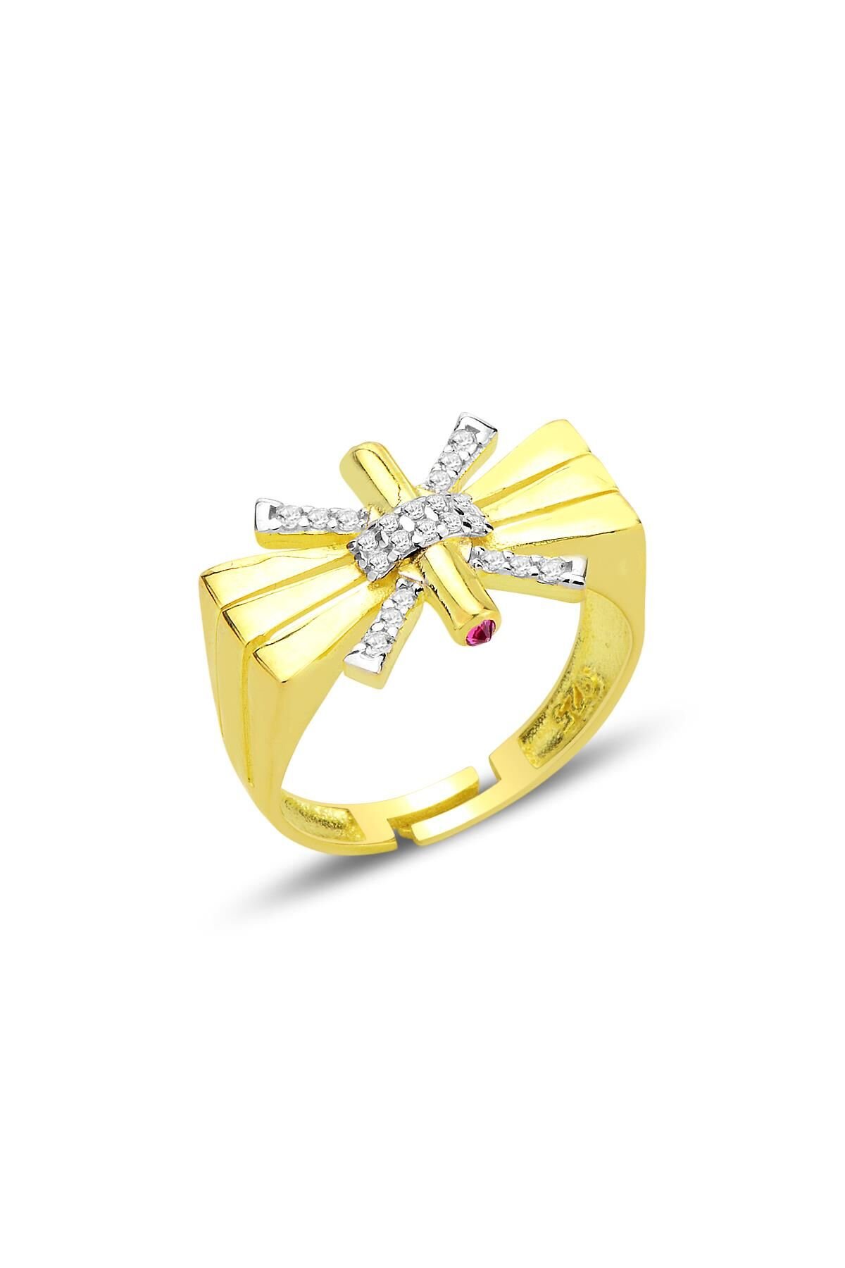 Gümüş altın yaldızlı zirkon taşlı ayarlamalı düğüm modeli yüzük SGTL12701GOLD