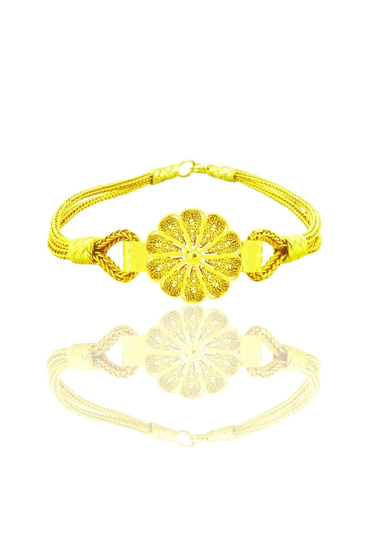 Gümüş altın yaldızlı el işi telkari ve kazaziye işlemeli papatya bileklik SGTL11983GOLD