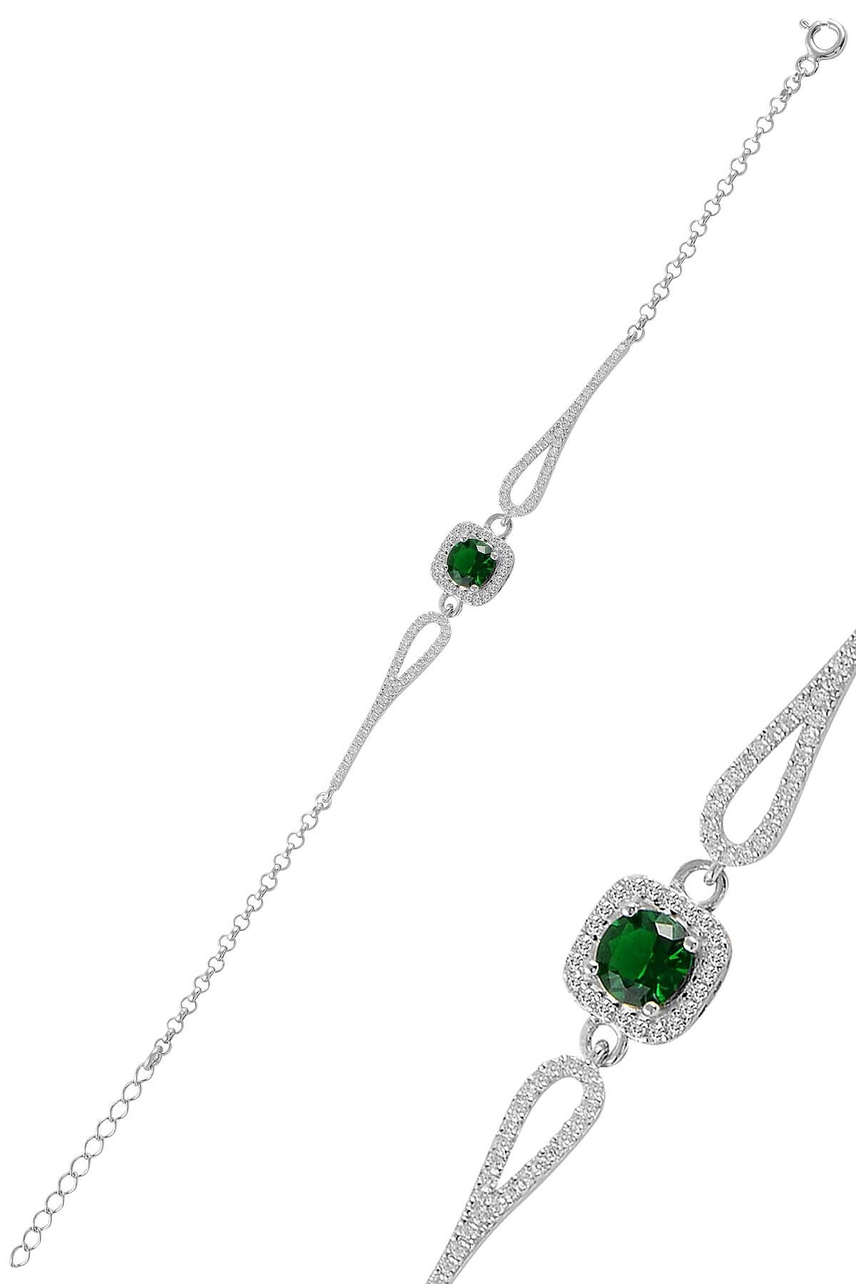 Gümüş rodyumlu pırlanta modeli yeşil zirkon taşlı kare bileklik SGTL11310YESIL