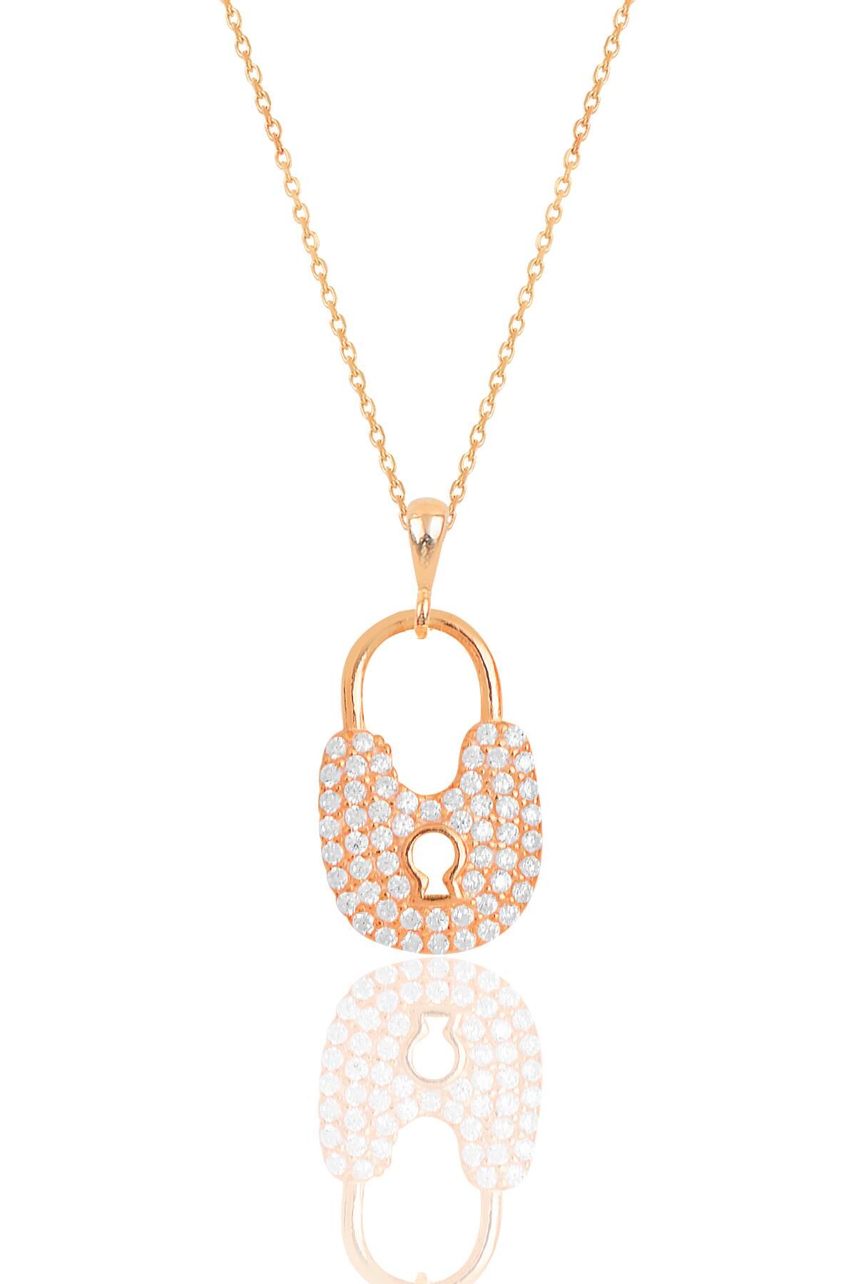 Gümüş rose zirkon taşlı kilit kolye SGTL11874ROSE
