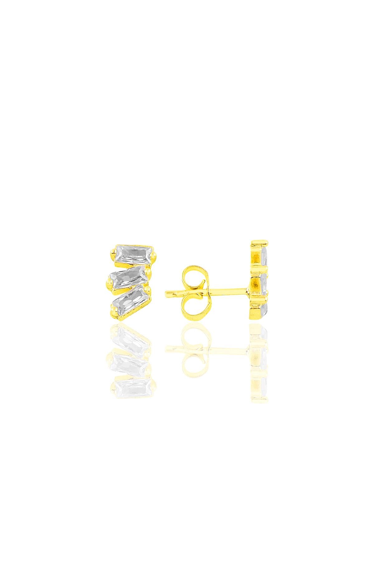 Gümüş altın yaldızlı üç baget taşlı küpe SGTL10759GOLD