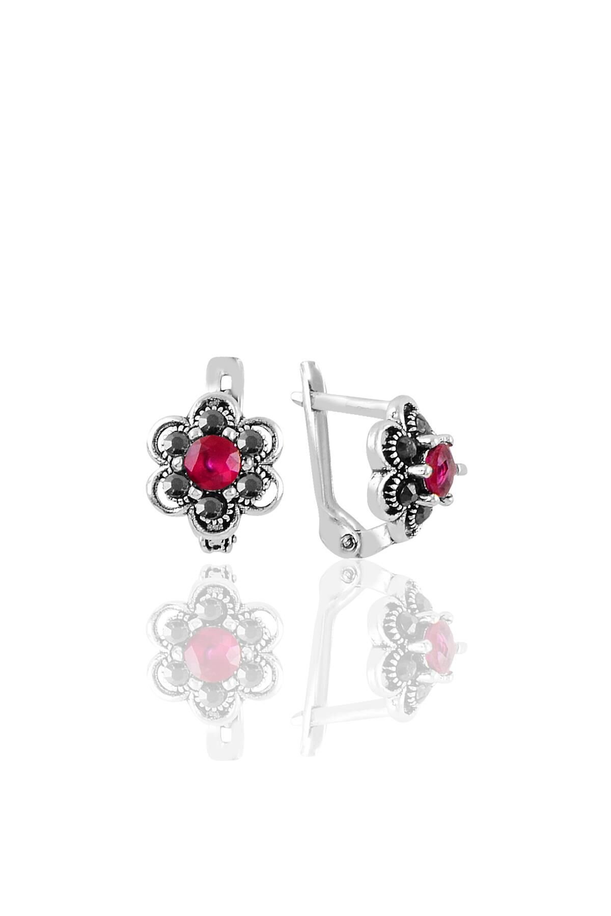 Gümüş markazit ve kök yakut taşlı çiçek modeli küpe SGTL11238KIRMIZI