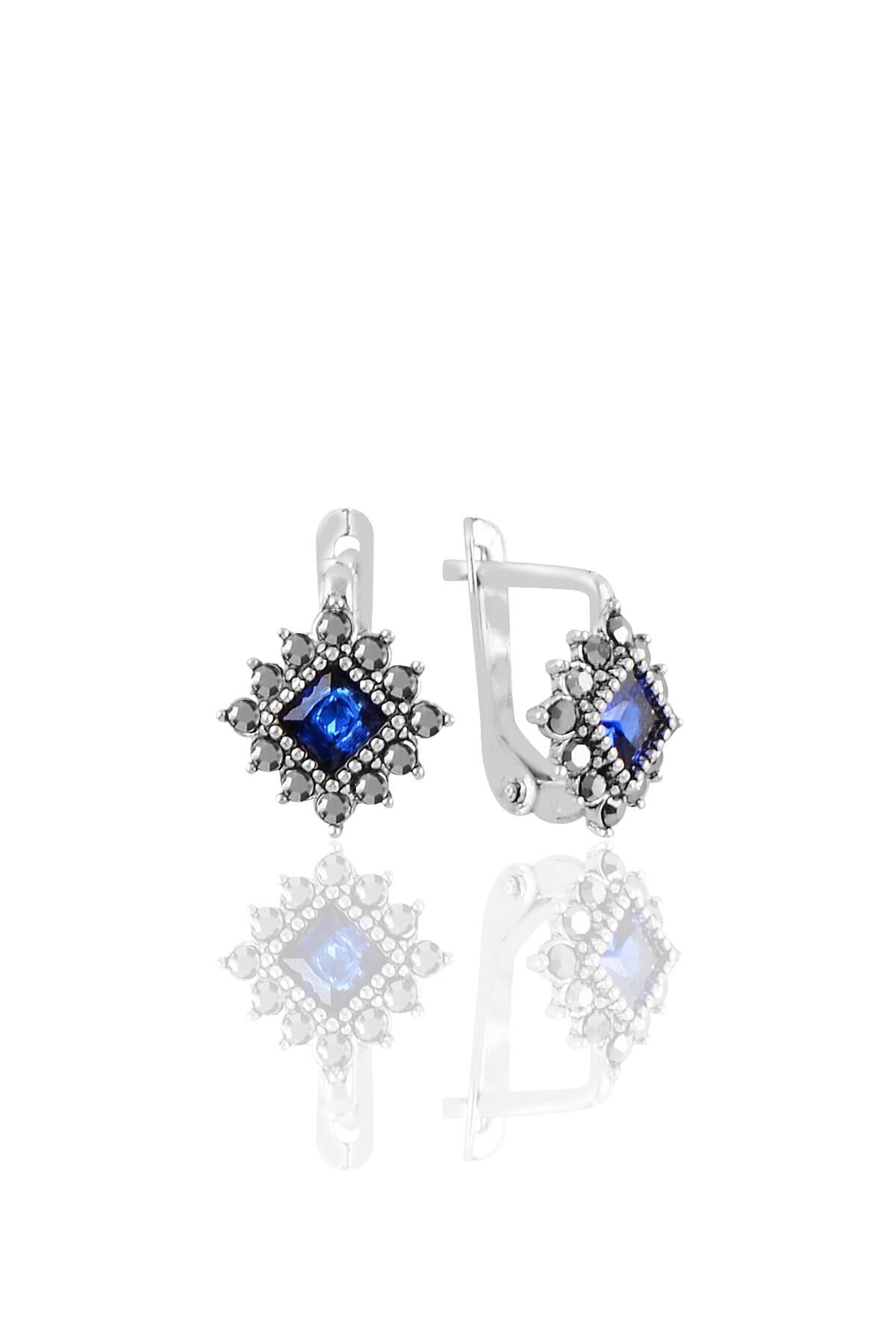 Gümüş markazit ve safir taşlı baklava modeli küpe SGTL11235LACI