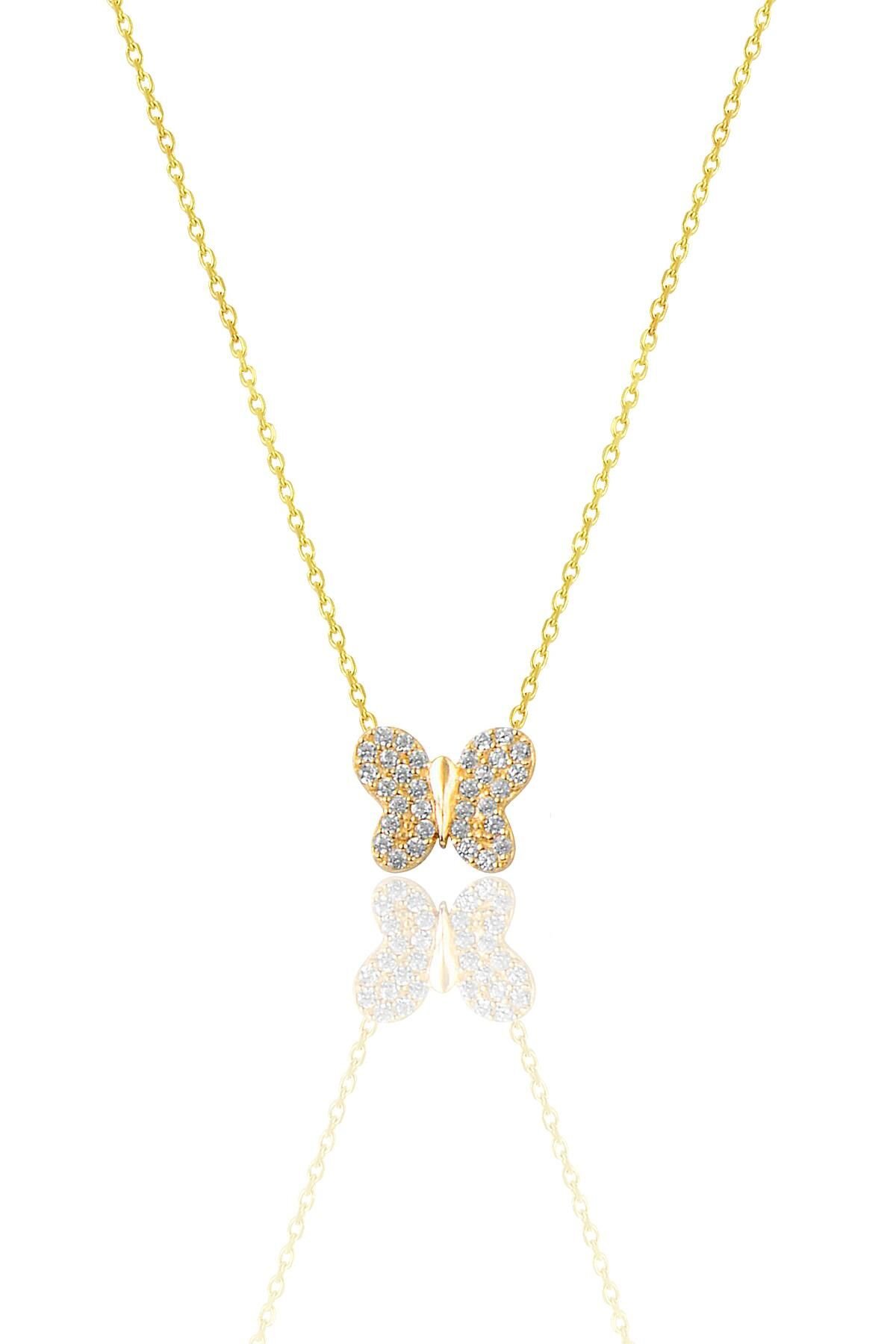 Gümüş zirkon taşlı altın yaldızlı kelebek kolye SGTL10375GOLD