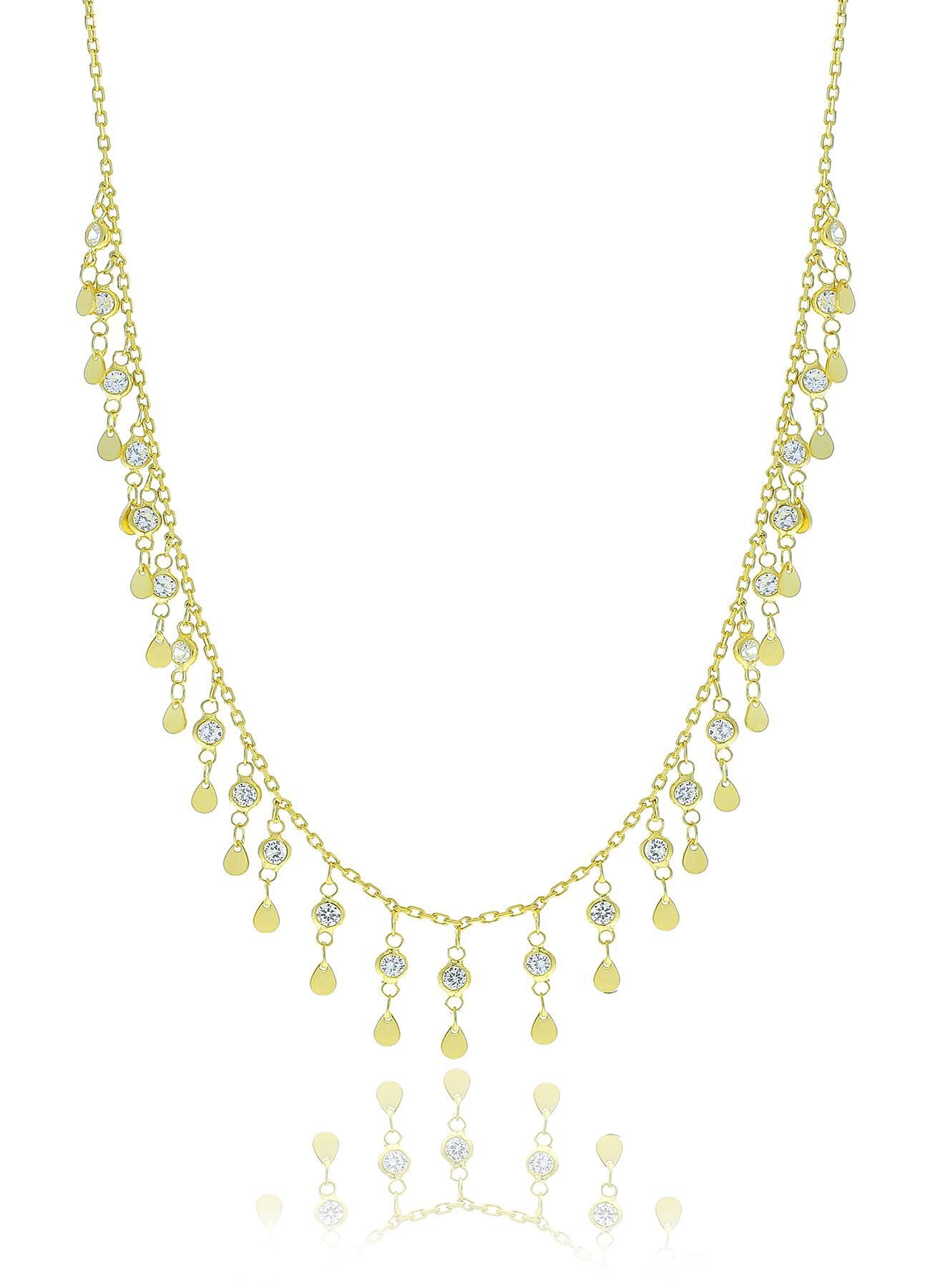 Gümüş altın yaldızlı zirkon taşlı damla pullu kolye SGTL10482GOLD