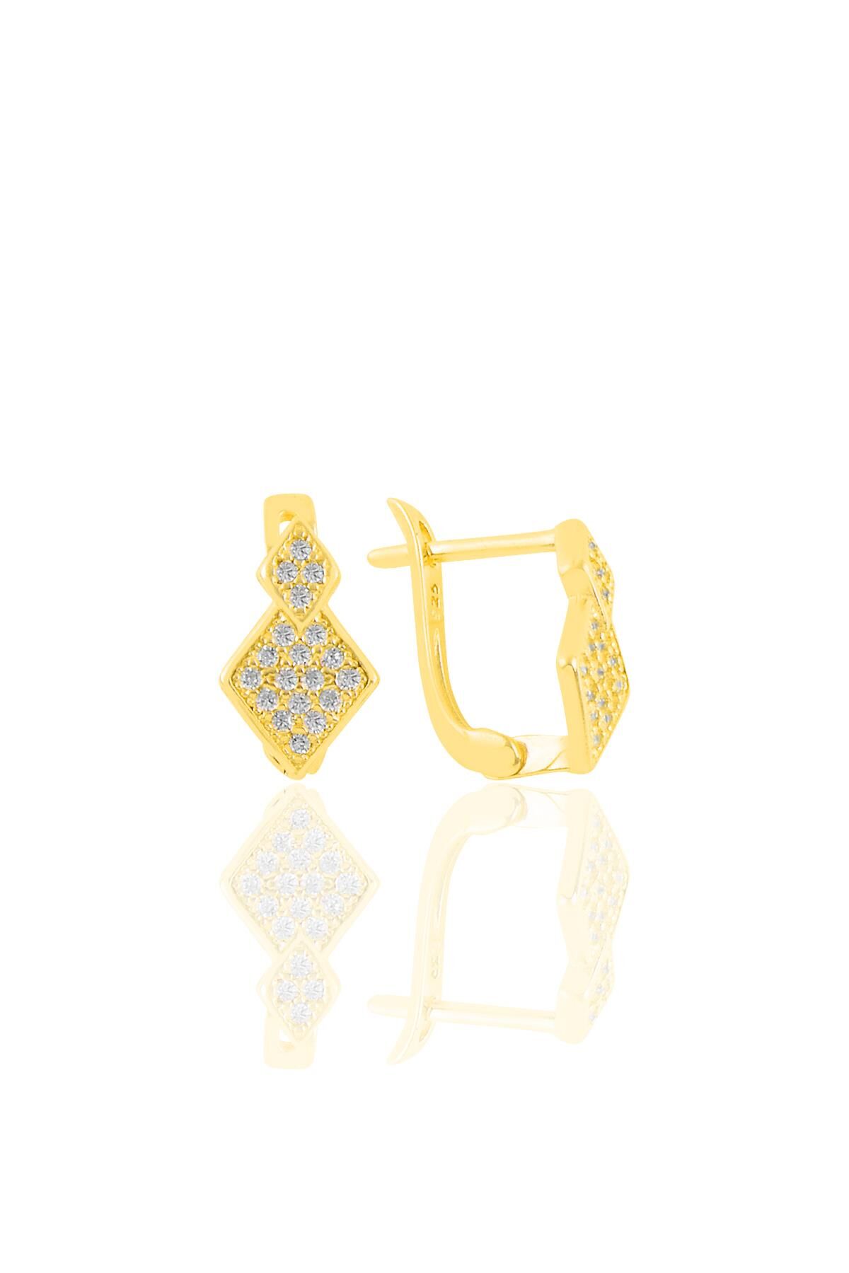 Gümüş altın yaldızlı zirkon taşlı baklava dilimi j küpe SGTL11223GOLD