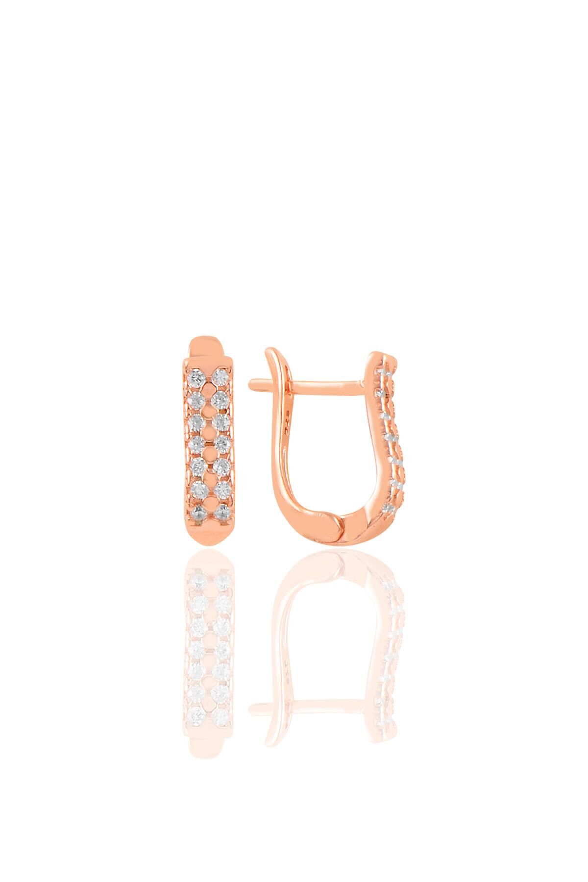 Gümüş rose zirkon taşlı çift sıra taşlı j küpe SGTL11221ROSE