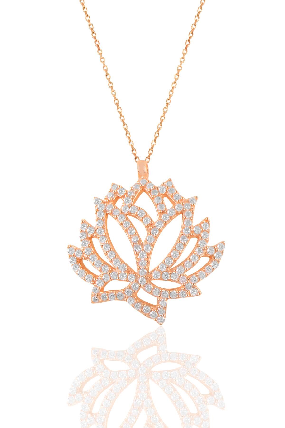 Gümüş rose zirkon taşlı lotus çiçeği kolye SGTL11211ROSE