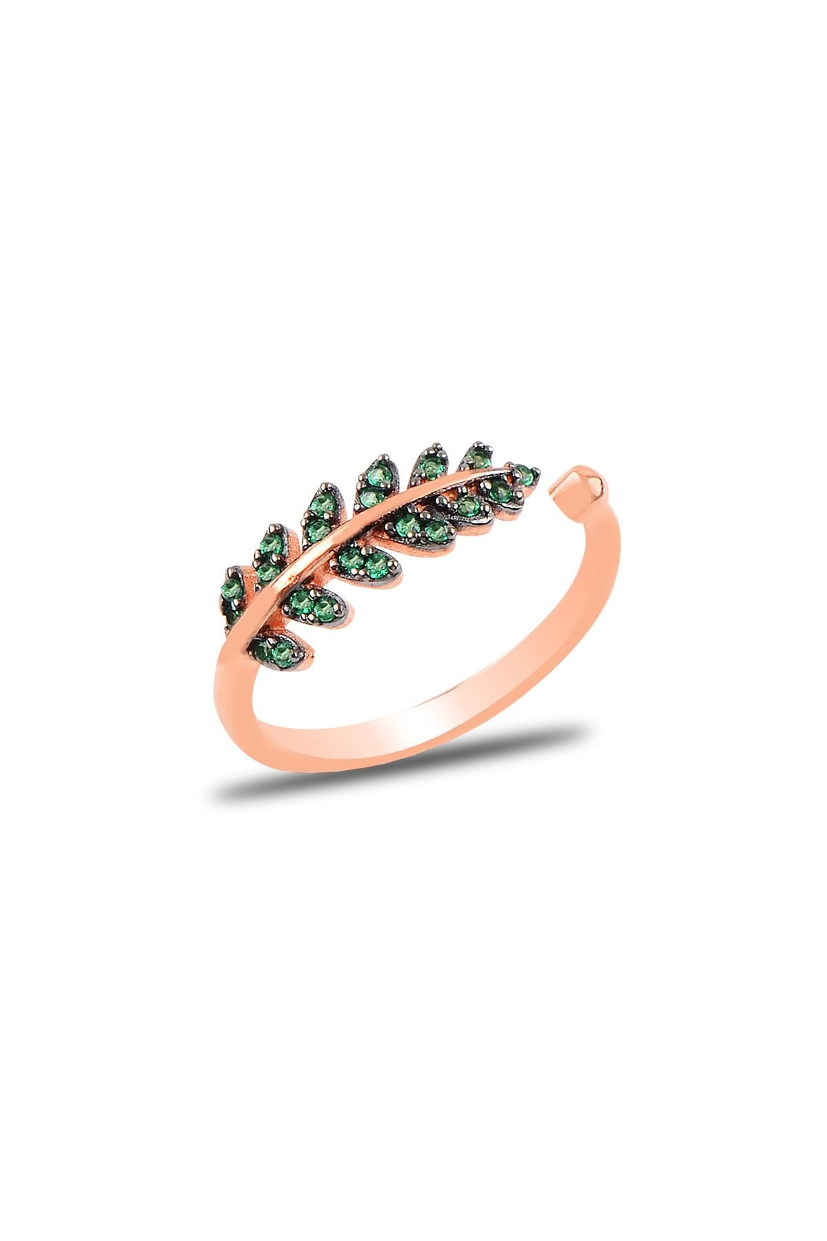Gümüş rose yeşil taşlı ayarlamalı yaprak yüzük SGTL11732YESIL
