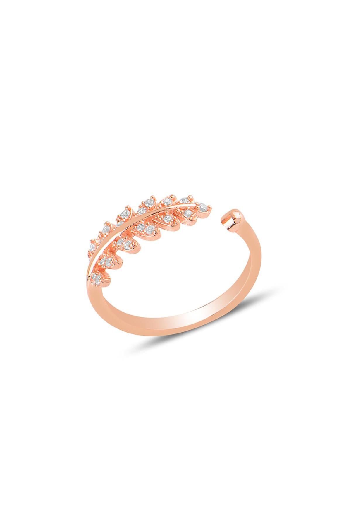 Gümüş rose zirkon taşlı ayarlamalı yaprak yüzük SGTL11732ROSE