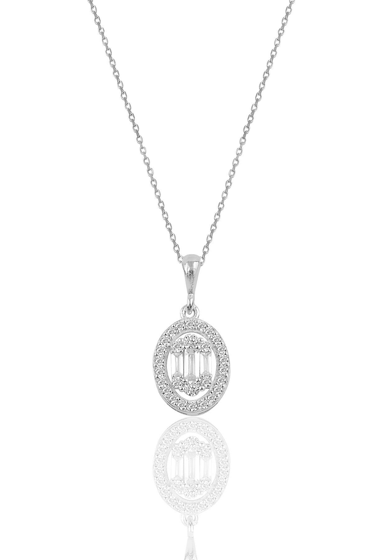 Gümüş rodyumlu oval gümüş baget taşlı kolye SGTL10744KOLYE