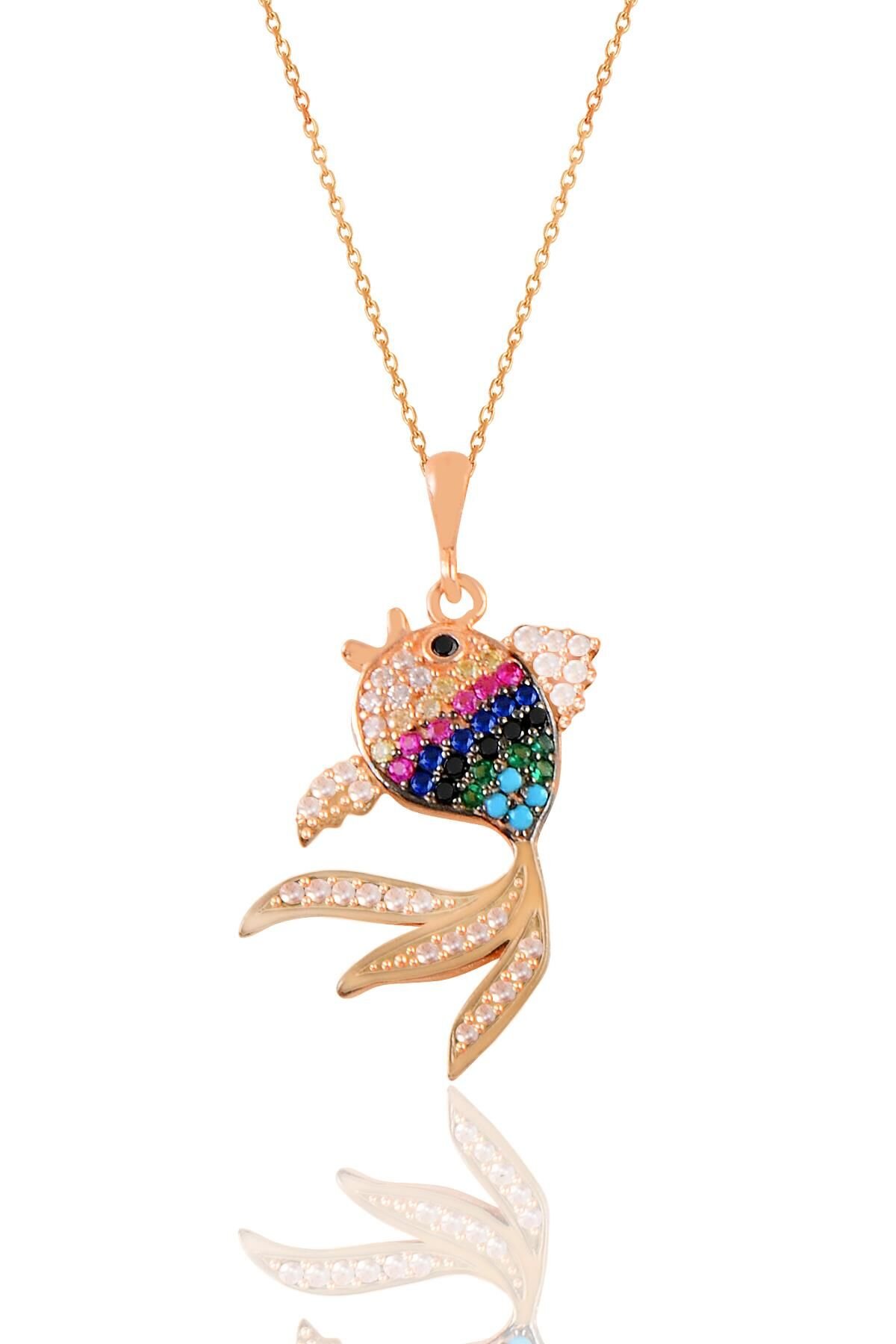 Gümüş rose renkli zirkon taşlı balık kolye SGTL11198BEYAZ
