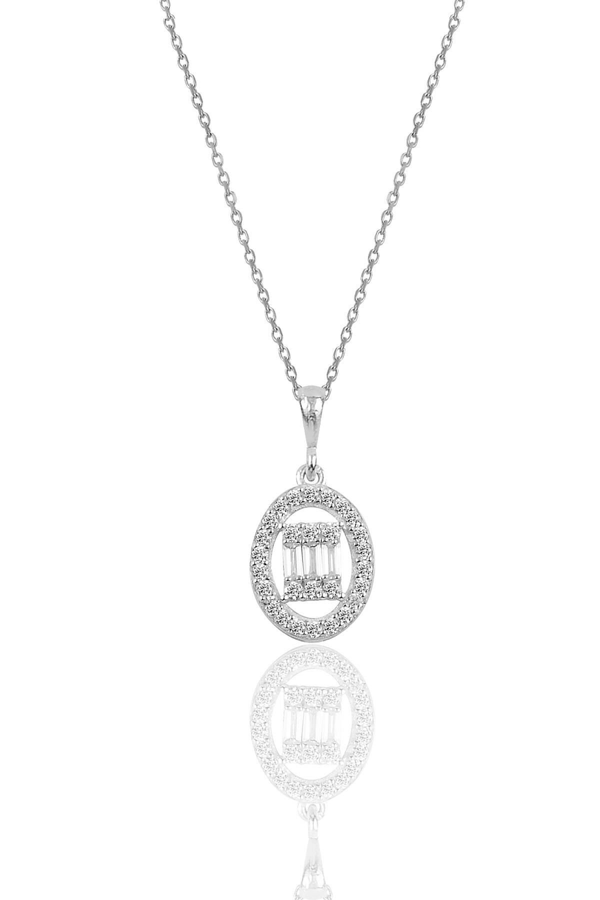 Gümüş rodyumlu oval gümüş düz baget taşlı kolye SGTL10745KOLYE