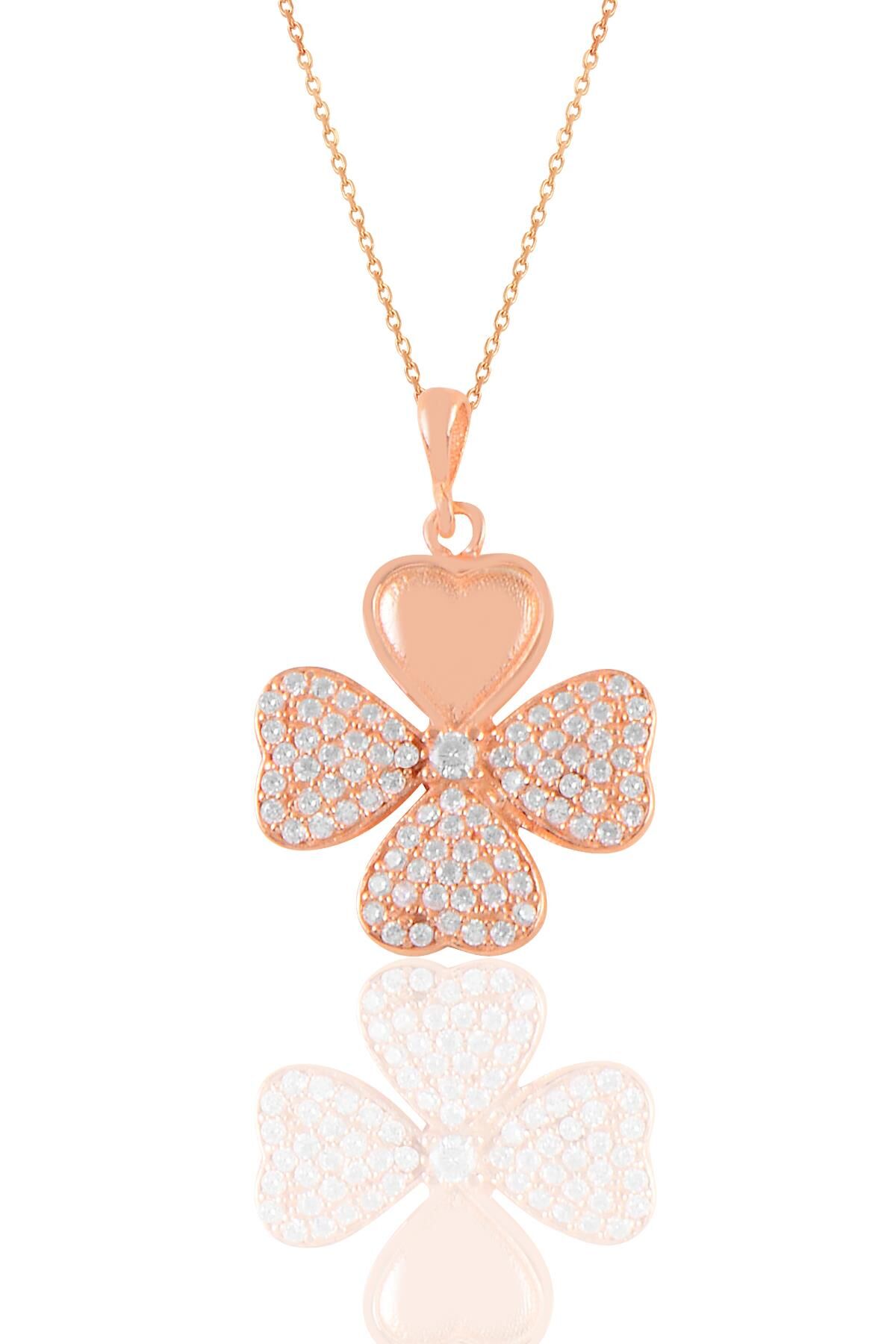 Gümüş rose zirkon taşlı dört yapraklı yonca kolye SGTL11186ROSE