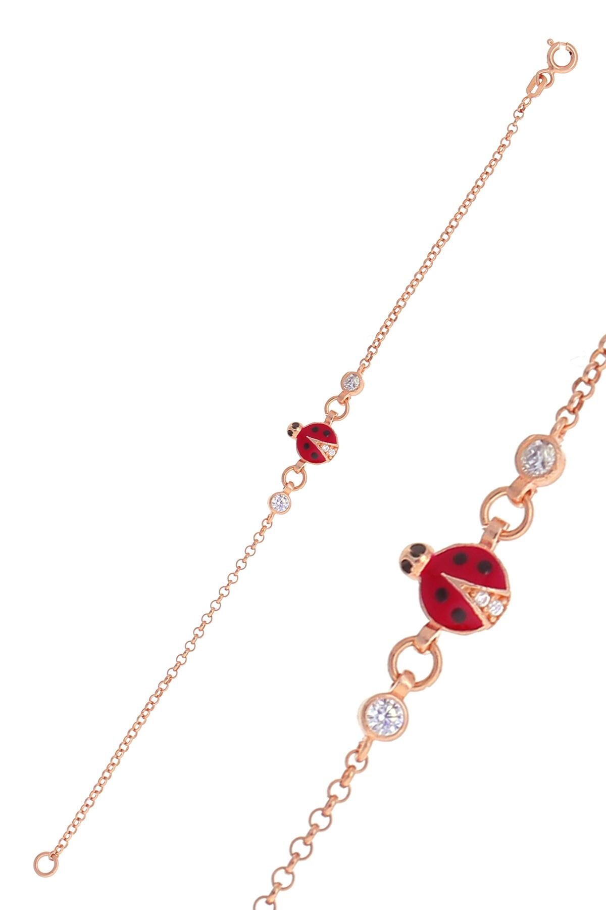 Gümüş rose mineli uğur böceği bileklik SGTL10524ROSE