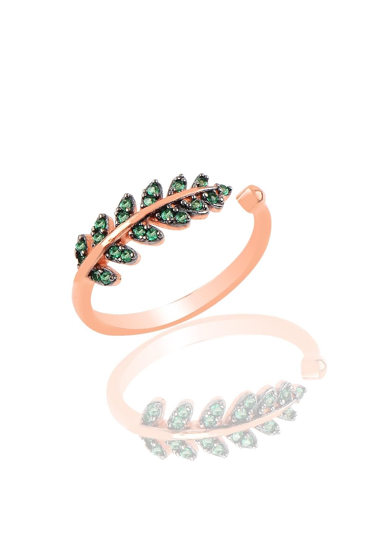 Gümüş rose yeşil taşlı yaprak yüzük SGTL9947YESIL