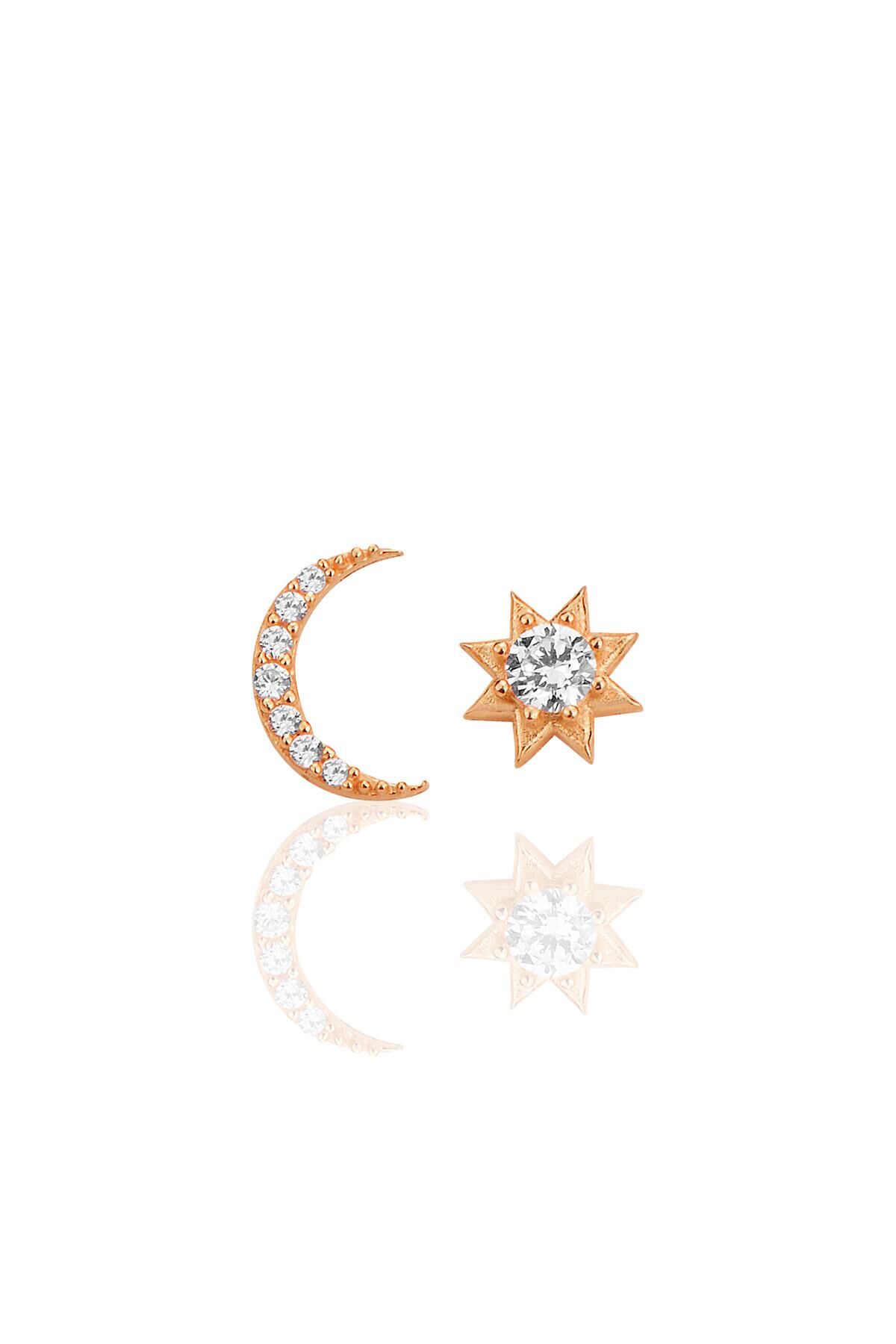 Gümüş rose zirkon taşlı ay ve güneş kombin küpe SGTL12257ROSE