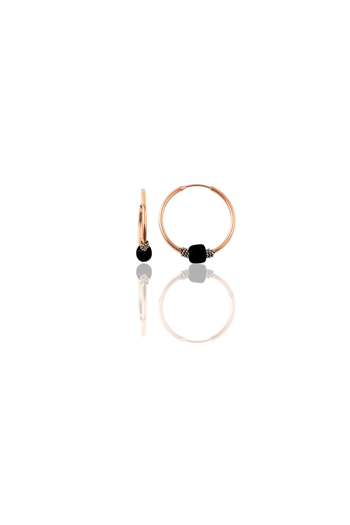 Gümüş rose 14 mm siyah taşlı halka küpe SGTL11274ROSE