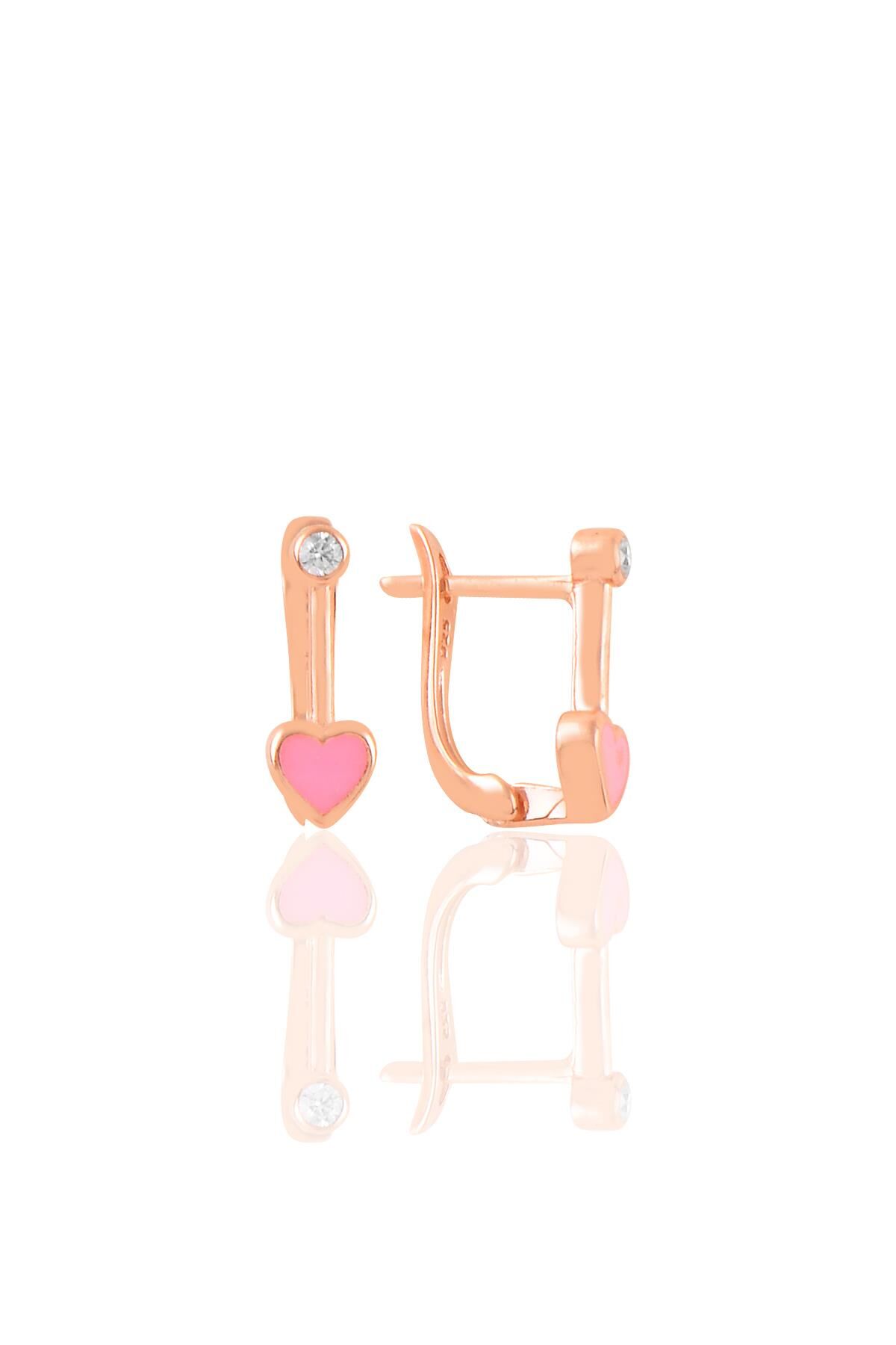 Gümüş rose pembe mineli ve zirkon taşlı kalp küpe SGTL11230ROSE
