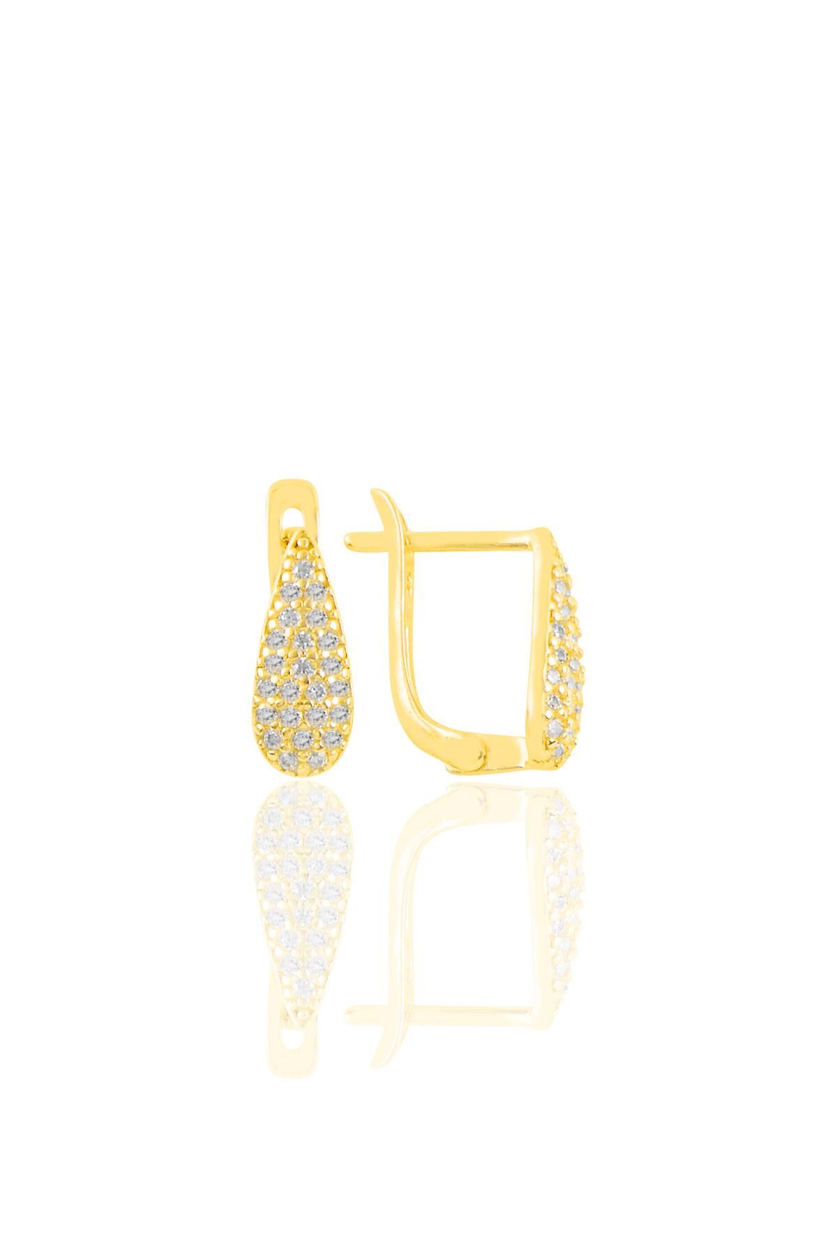 Gümüş altın yaldızlı zirkon taşlı damla modeli j küpe SGTL11219GOLD