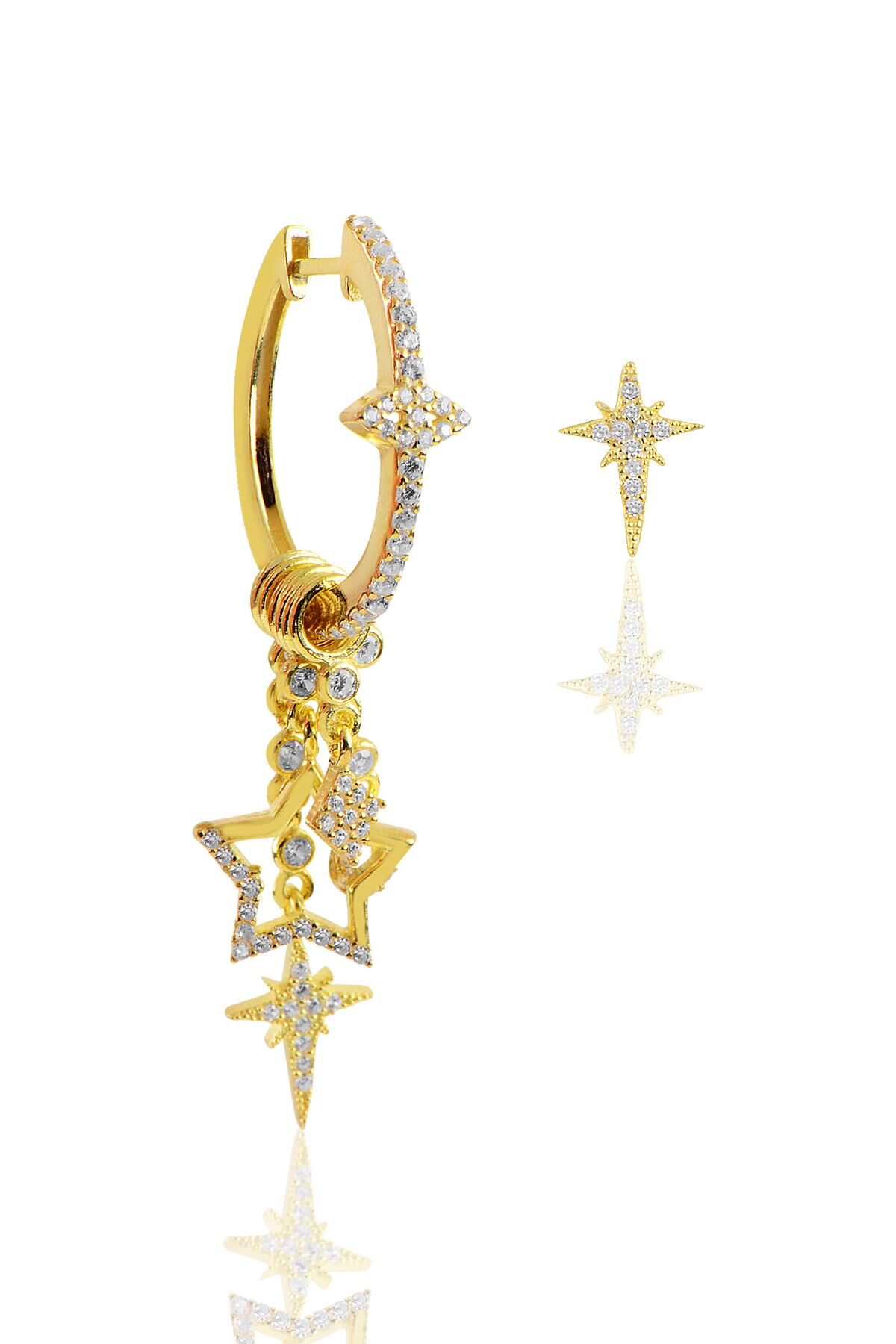 Gümüş altın yaldızlı zirkon taşlı kutup yıldızı şans küpesi SGTL9485GOLD