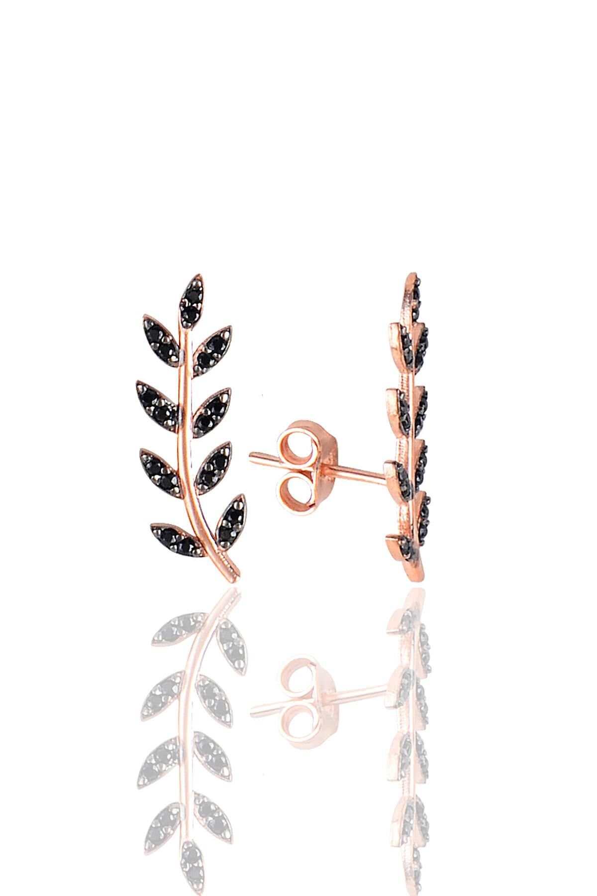 Gümüş rose siyah taşlı yaprak küpe SGTL11679SIYAH