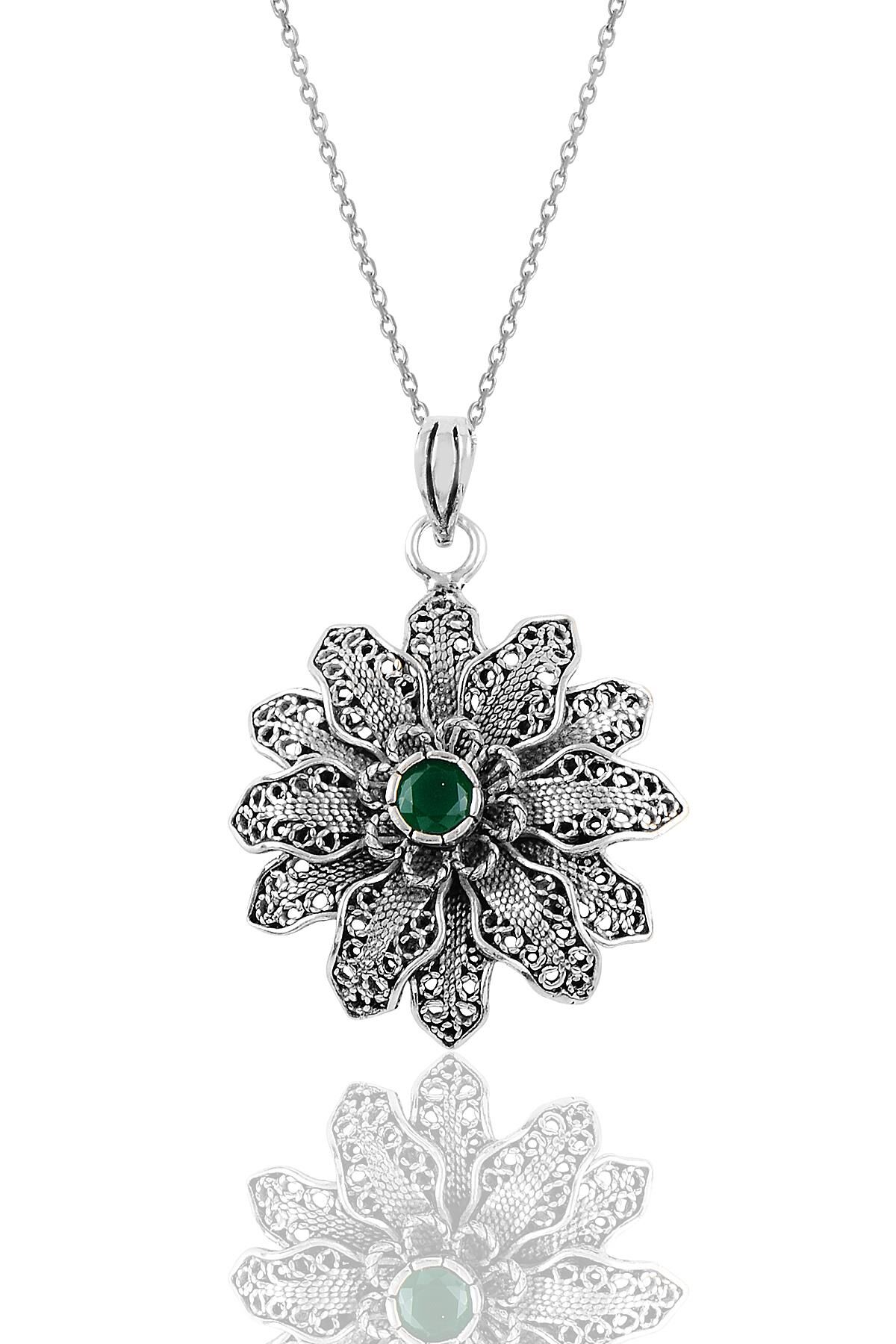 Gümüş kök zümrüt taşlı telkari kolye SGTL10634