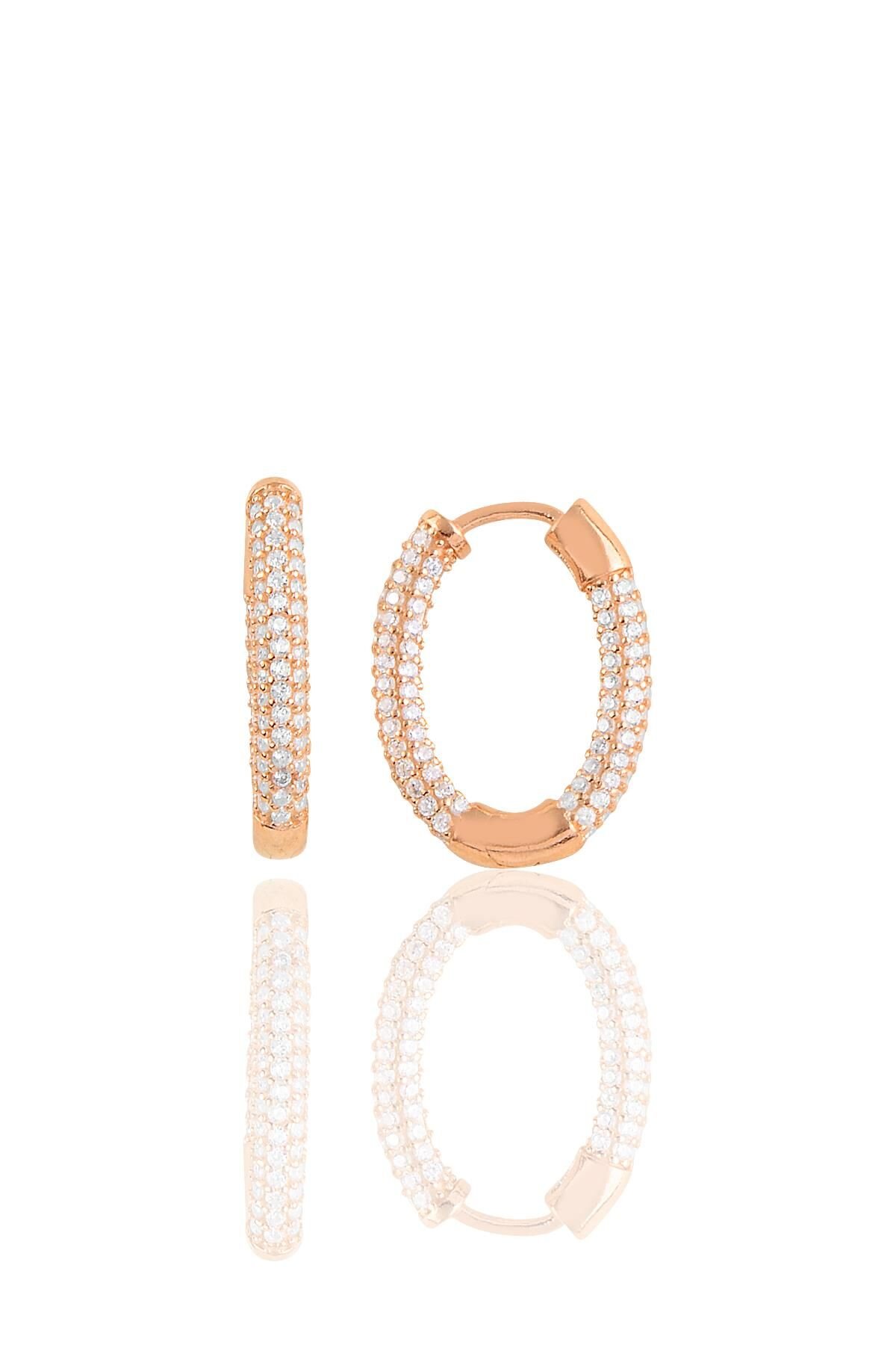 Gümüş rose zirkon taşlı trend oval küpe SGTL10642ROSE