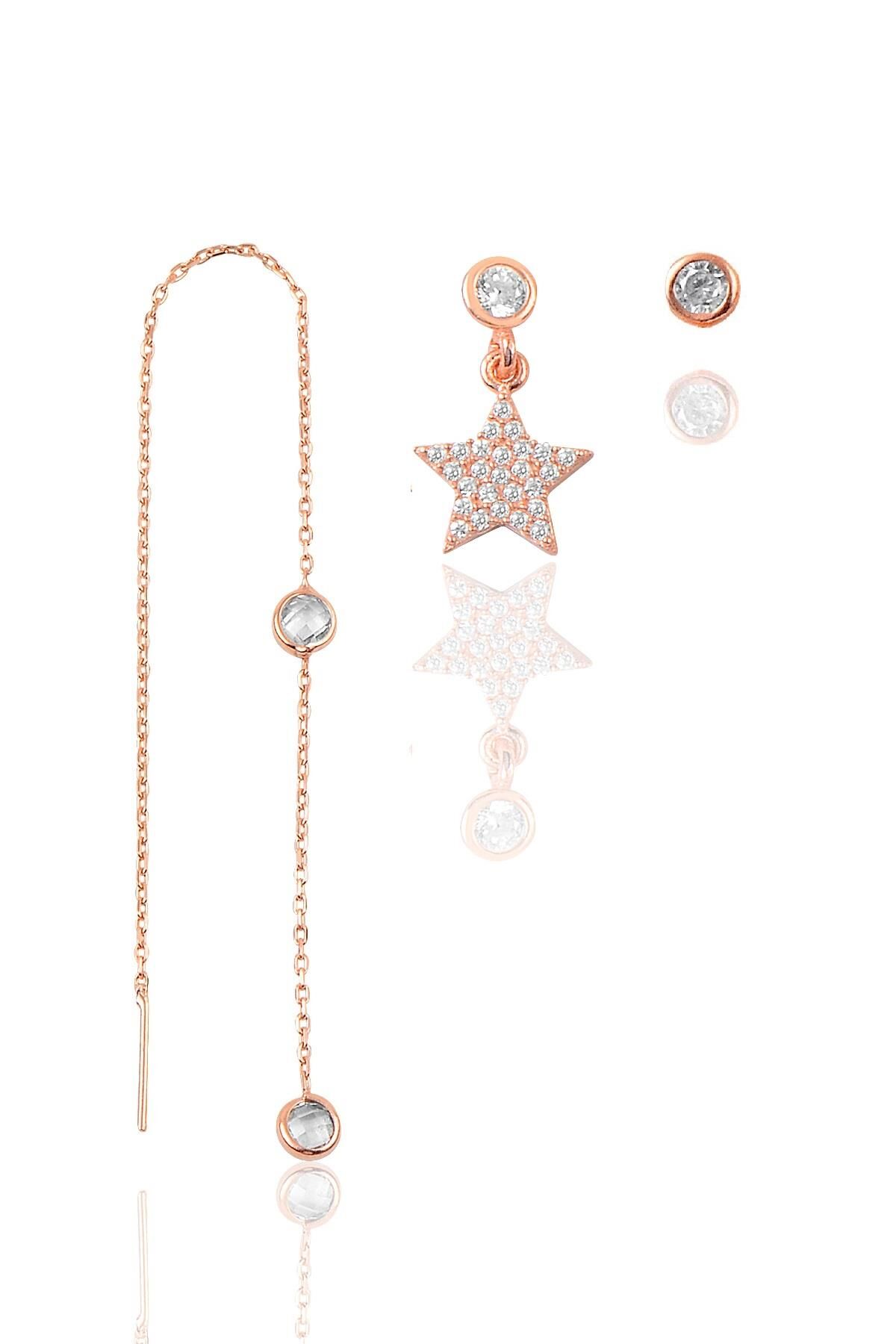 Gümüş rose zirkon taşlı yıldız kombin üçlü küpe seti SGTL11382ROSE