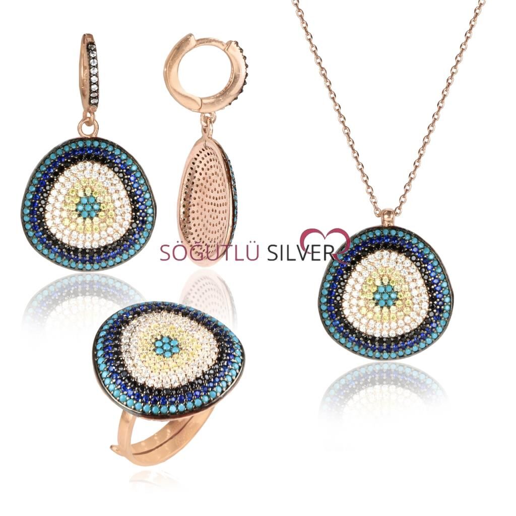 nazarlı nano turkuaz taşlı üçlü set SGTL4011