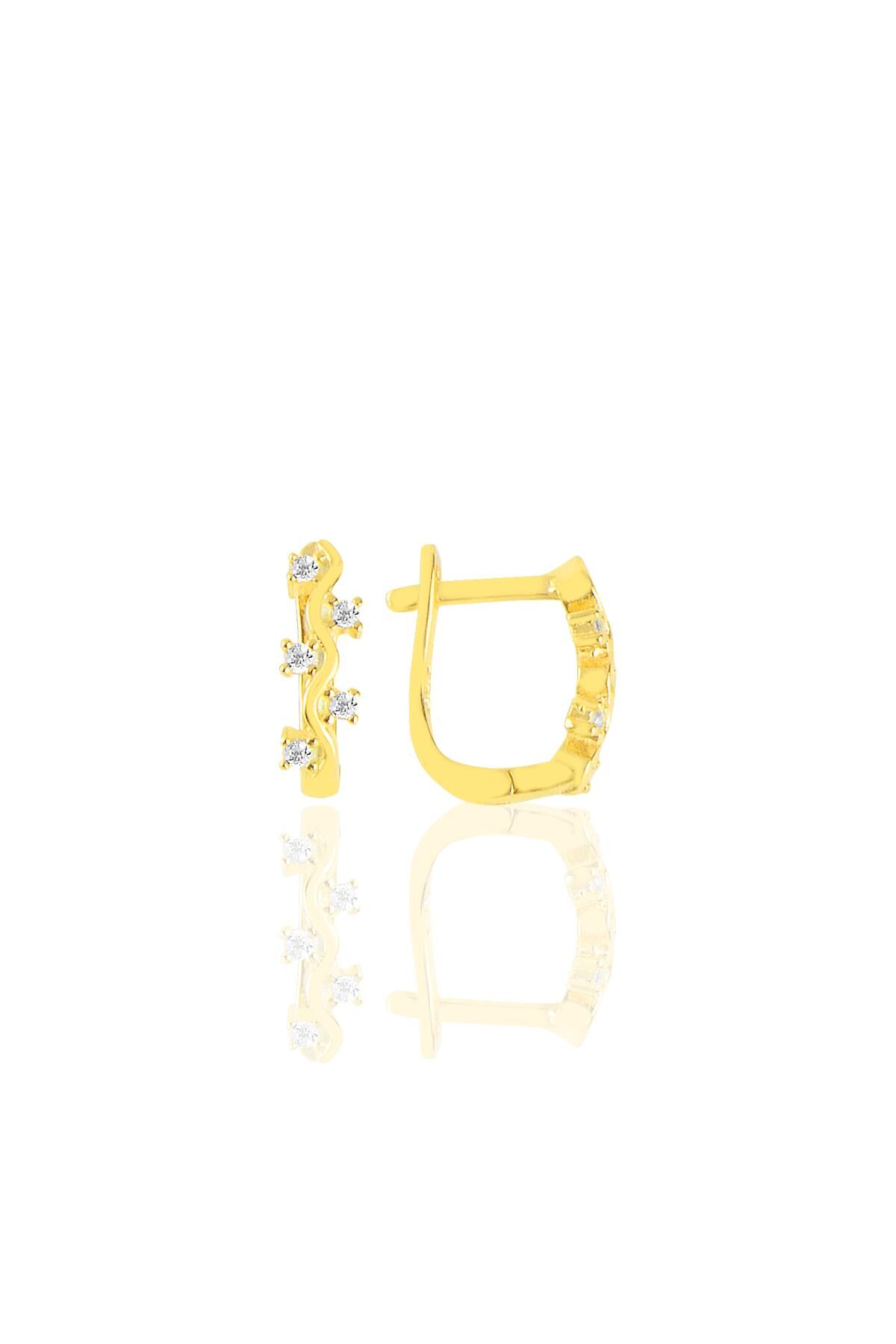 Gümüş altın yaldızlı zirkon taşlı dalgalı klipsli j küpe SGTL11428GOLD