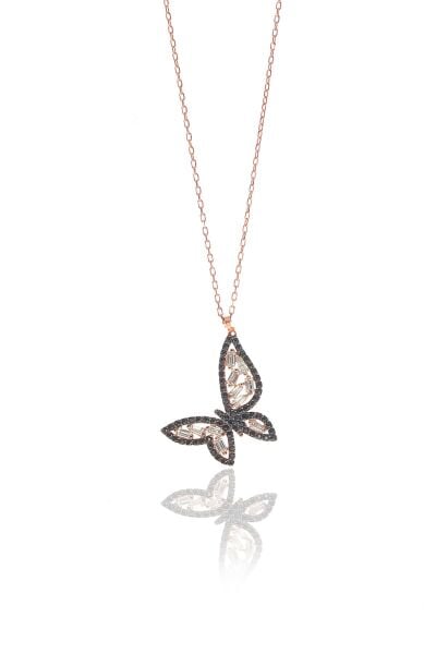 Gümüş rose onik taşlı baget kelebek kolye SGTL8984