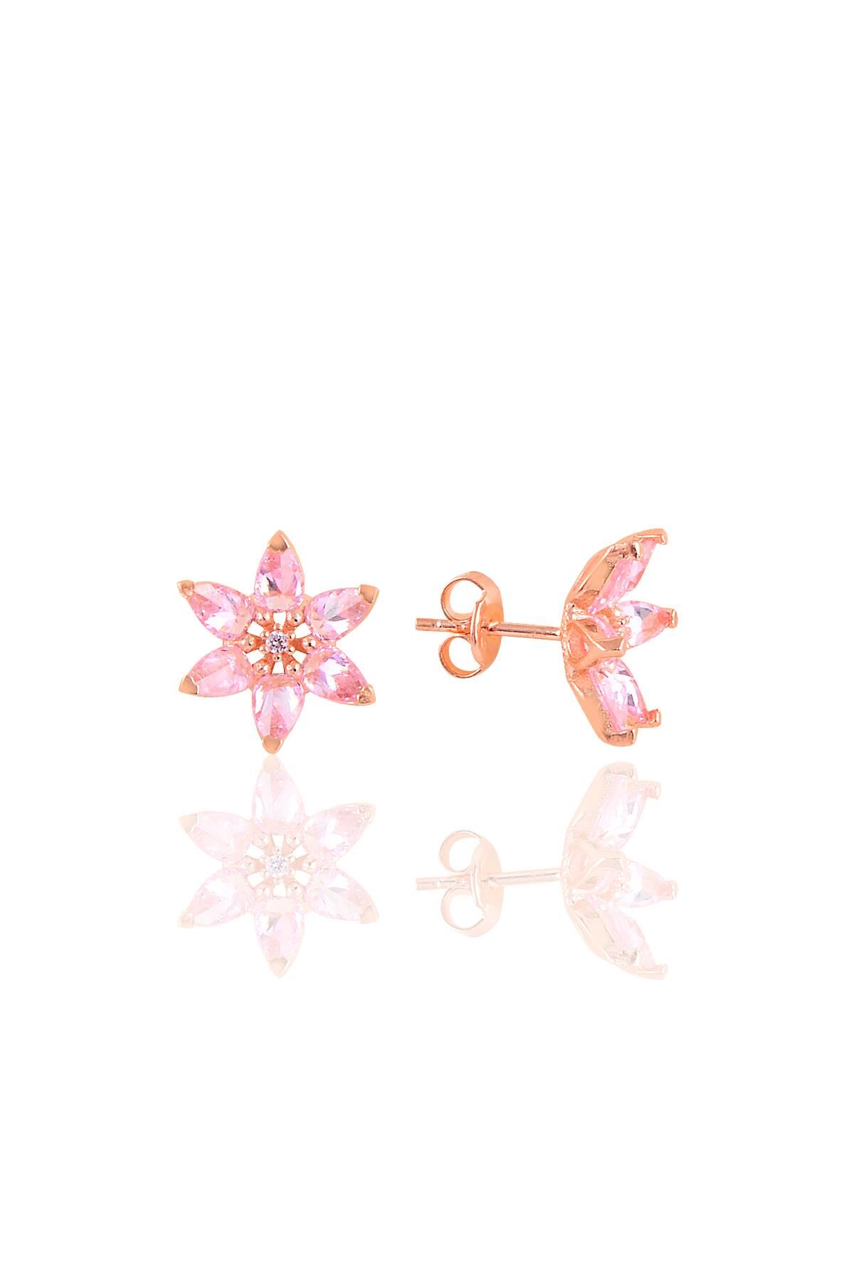 Gümüş rose taşlı nilüfer lotus çiçeği küpe SGTL10388 Pembe
