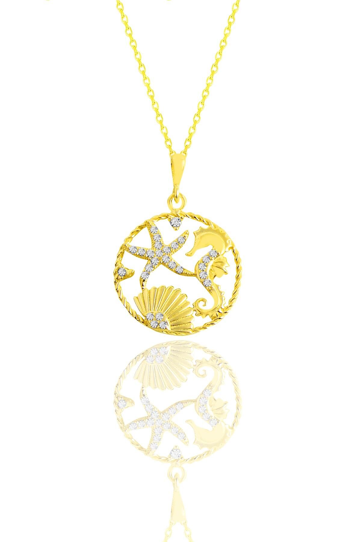 Gümüş altın yaldızlı zirkon taşlı deniz şans kolye SGTL11050GOLD