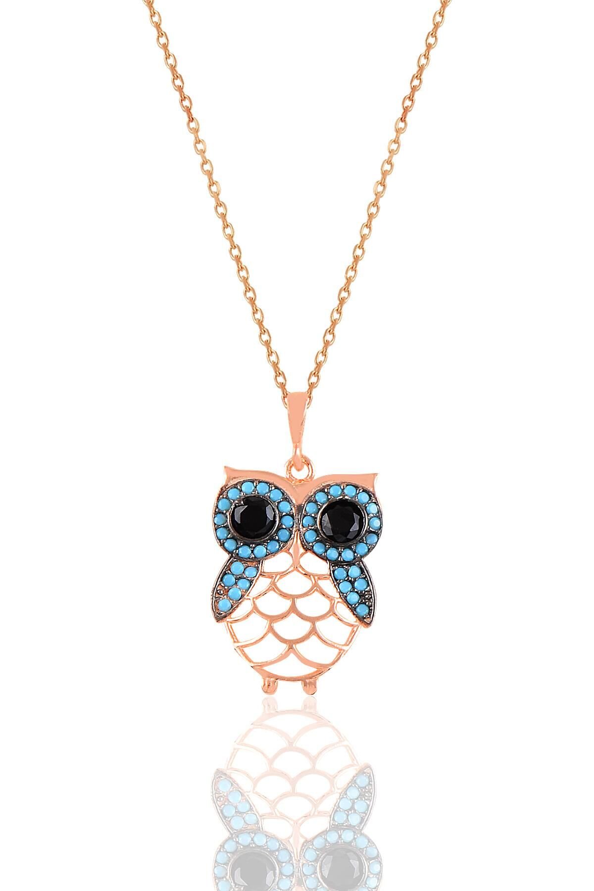Gümüş rose turkuaz taşlı baykuş kolye SGTL10917MAVI