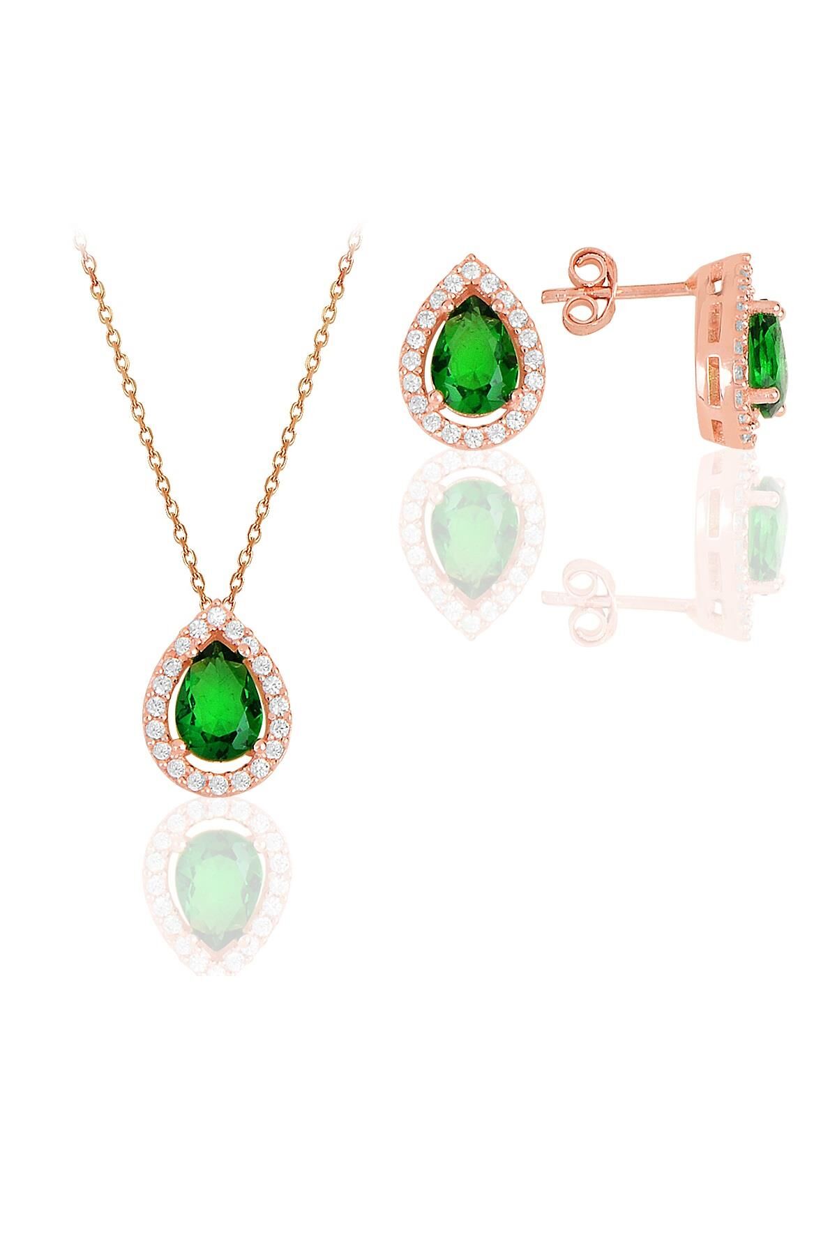 Gümüş rose kök zümrüt taşlı damla modeli ikili set SGTL11516YESIL