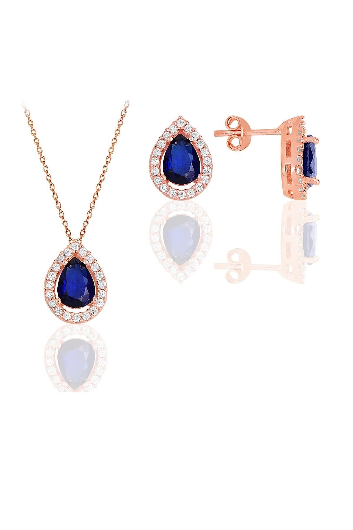 Gümüş rose safir taşlı damla modeli ikili set SGTL11516LACIVERT