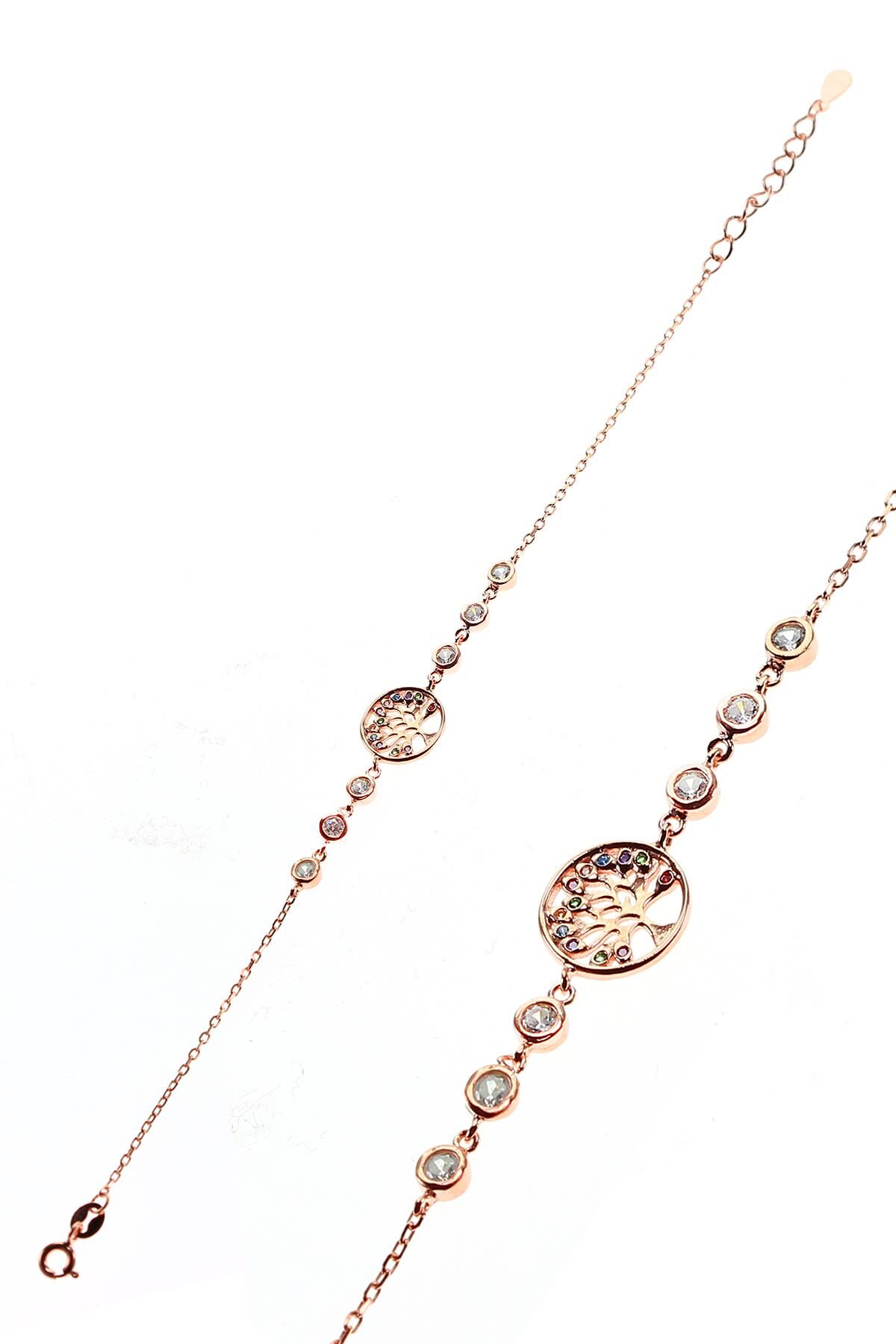 Gümüş rose renkli taşlı hayat ağaçı bileklik SGTL9281