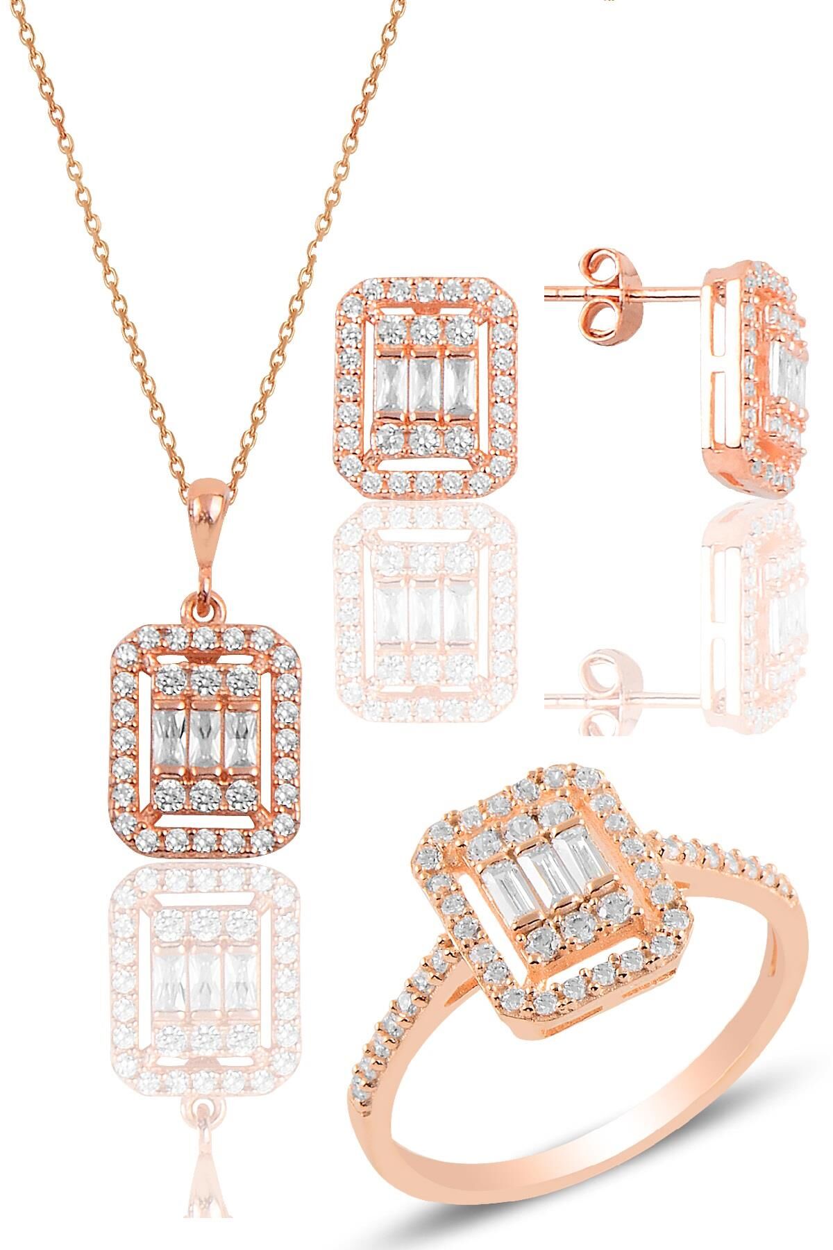 Gümüş rose gümüş baget taşlı üçlü set SGTL10480ROSE